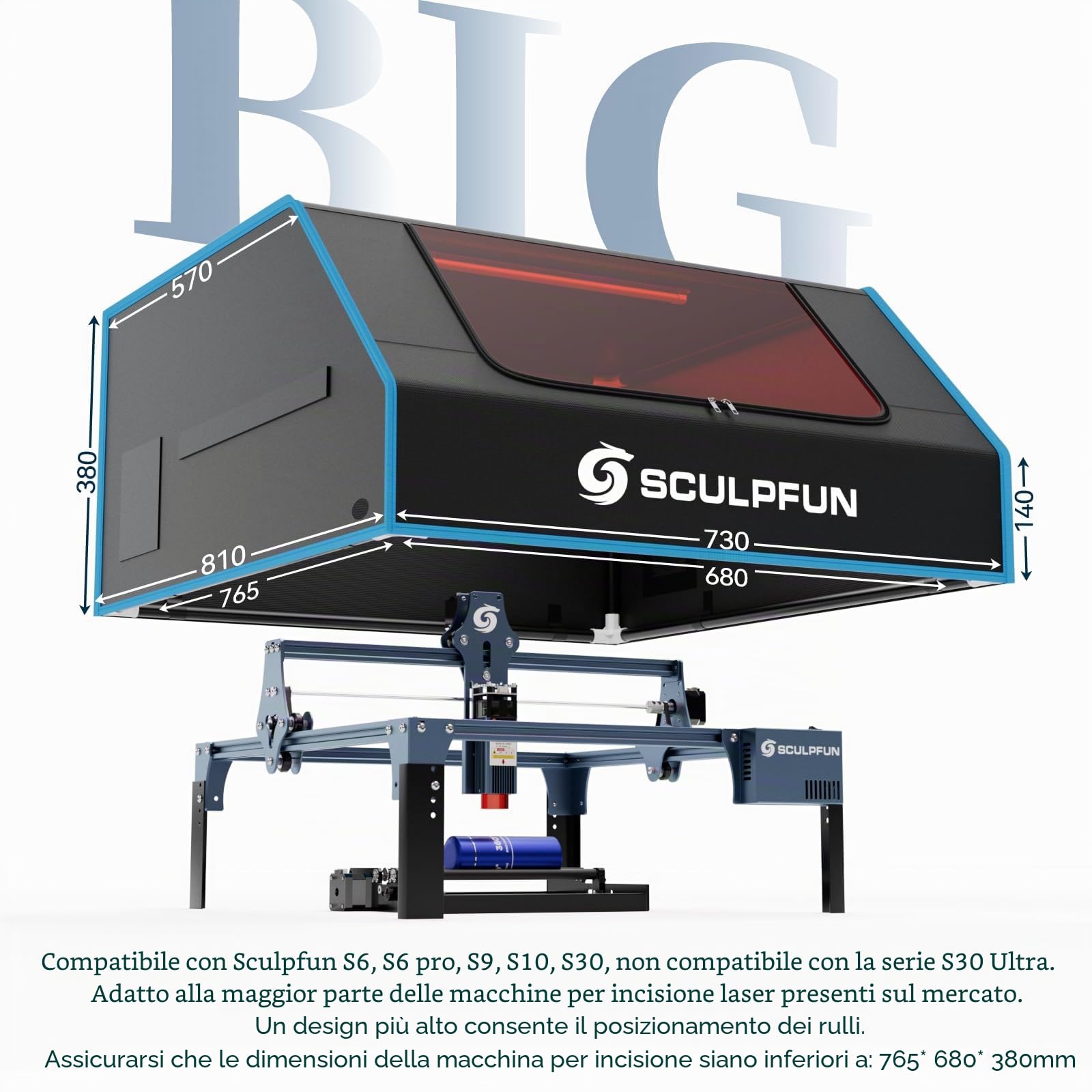 SCULPFUN B1 - Alloggiamento per incisione laser, 680 x 765 x 380 mm, per macchina per incisione laser, custodia protettiva per taglierina laser, custodia protettiva, ignifuga, impermeabile,