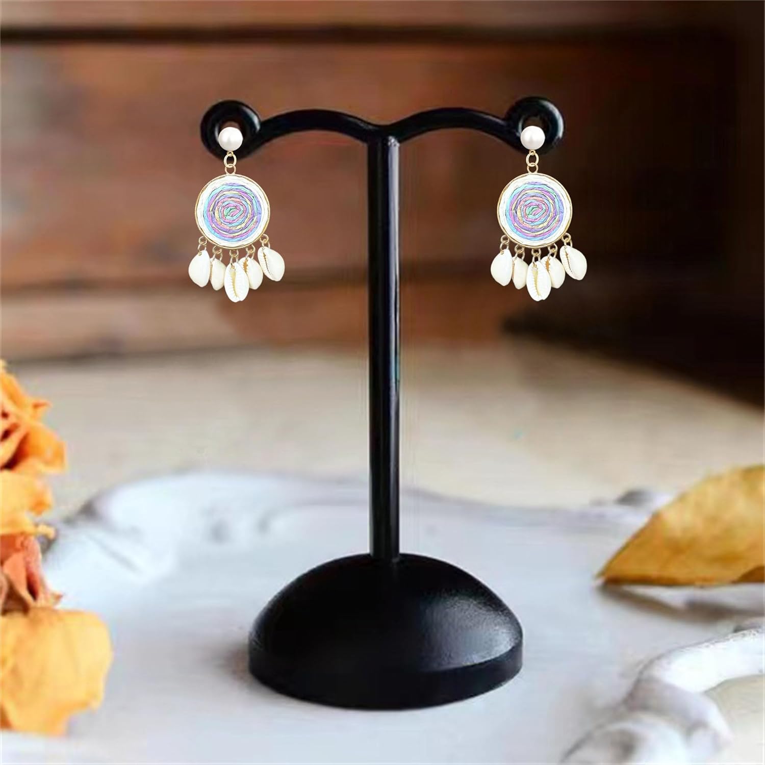 Summer Beach Vacation Earrings and Necklace Set Lafite Grass Woven Round Design Bohemian Shell Tassel Pendant for Women - Image 6