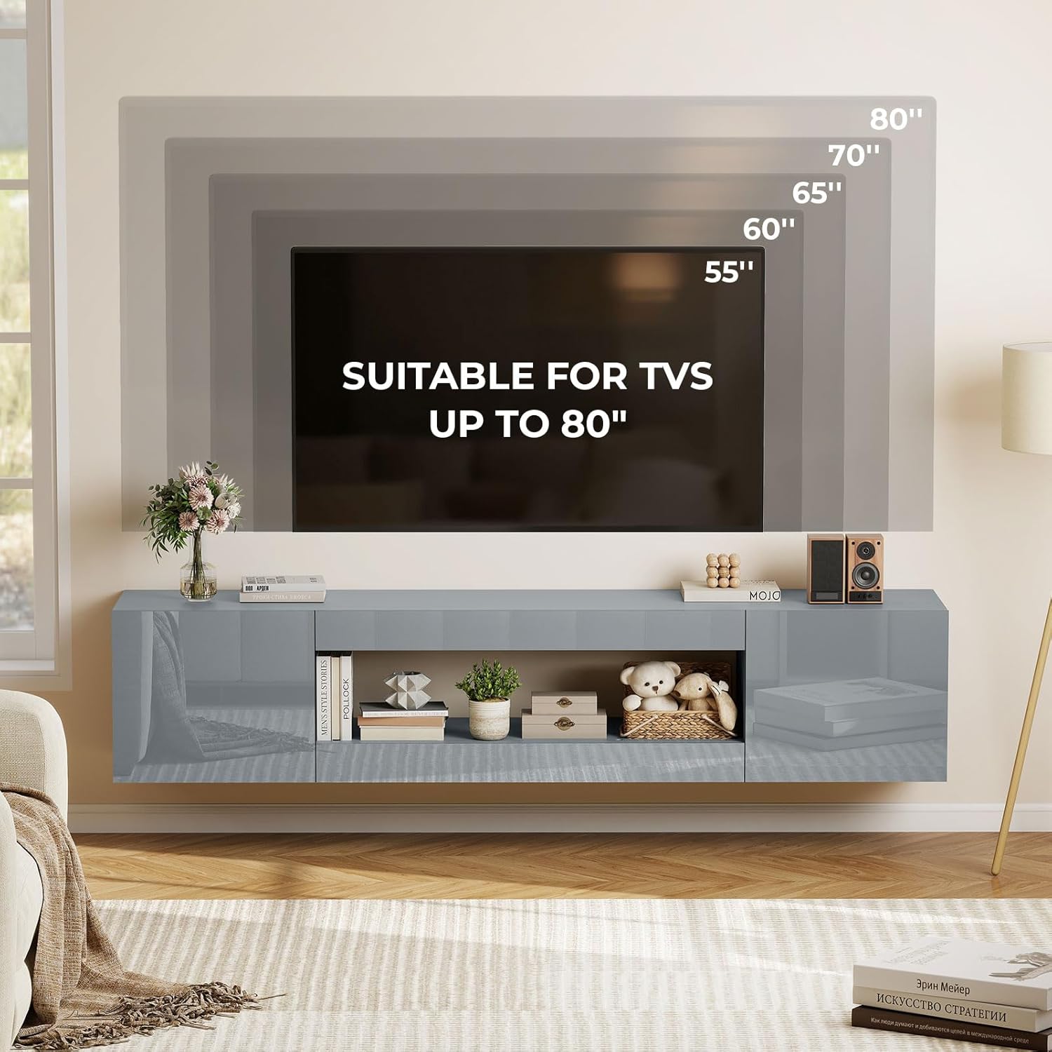 BREEZEHEAT 70'' Floating TV Stand, Wall Mounted TV Cabinet, High Glossy Entertainment Center-Modern Media Console Fits 65-80 Inches TV for Living Room/Bedroom, Remote Control,Grey