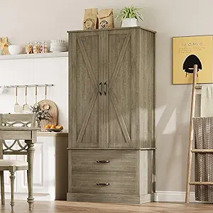 GarveeHome Kitchen Pantry Cabinet, Farmhouse Storage Cabinet with Barn Doors, Drawers and Adjustable Shelves, Versatile Storage for Kitchen, Dining Room, Rustic Grey