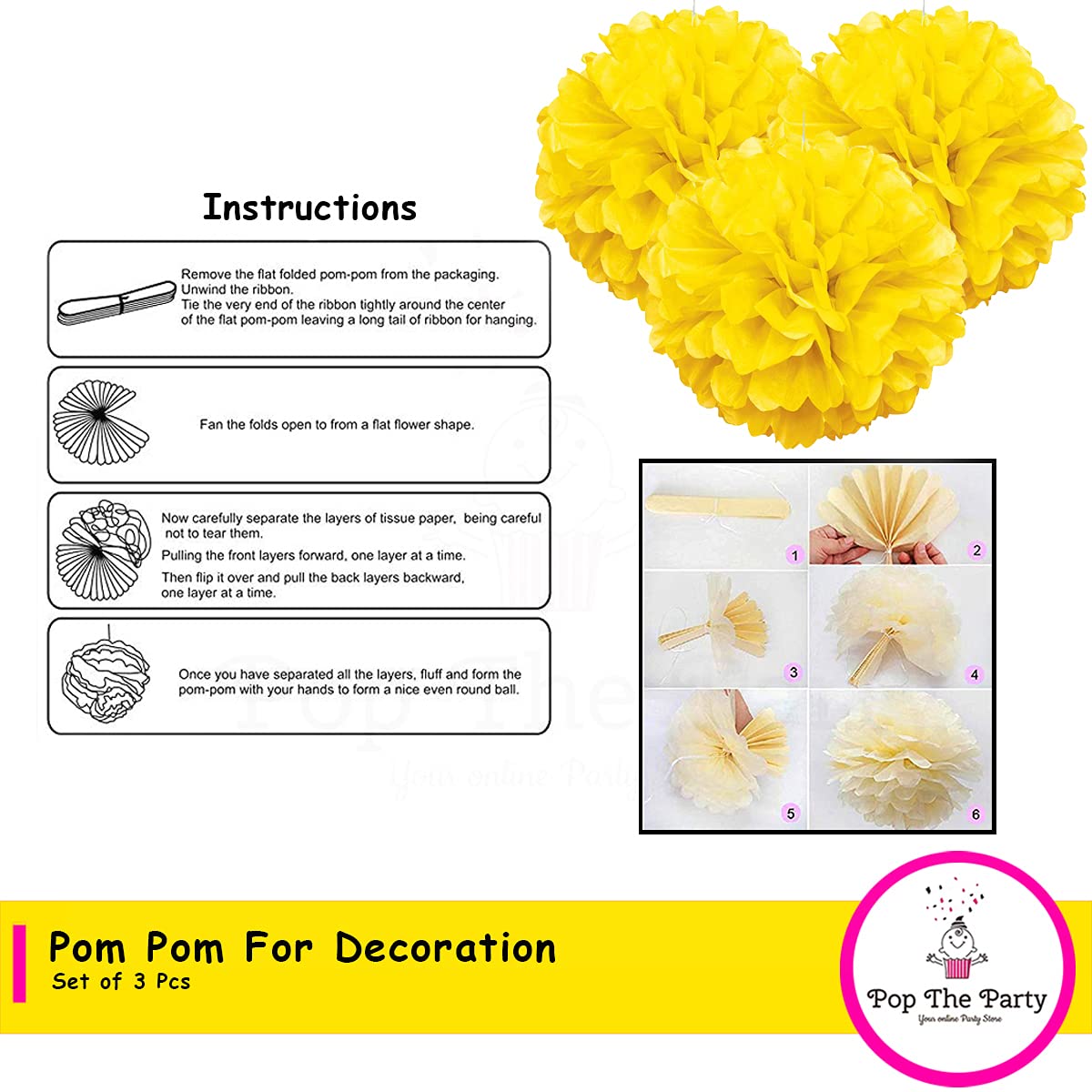 Pop the Party Set Of 3 - Yellow Hanging Pom Pom for Home Decoration - Image 2 thumbnail