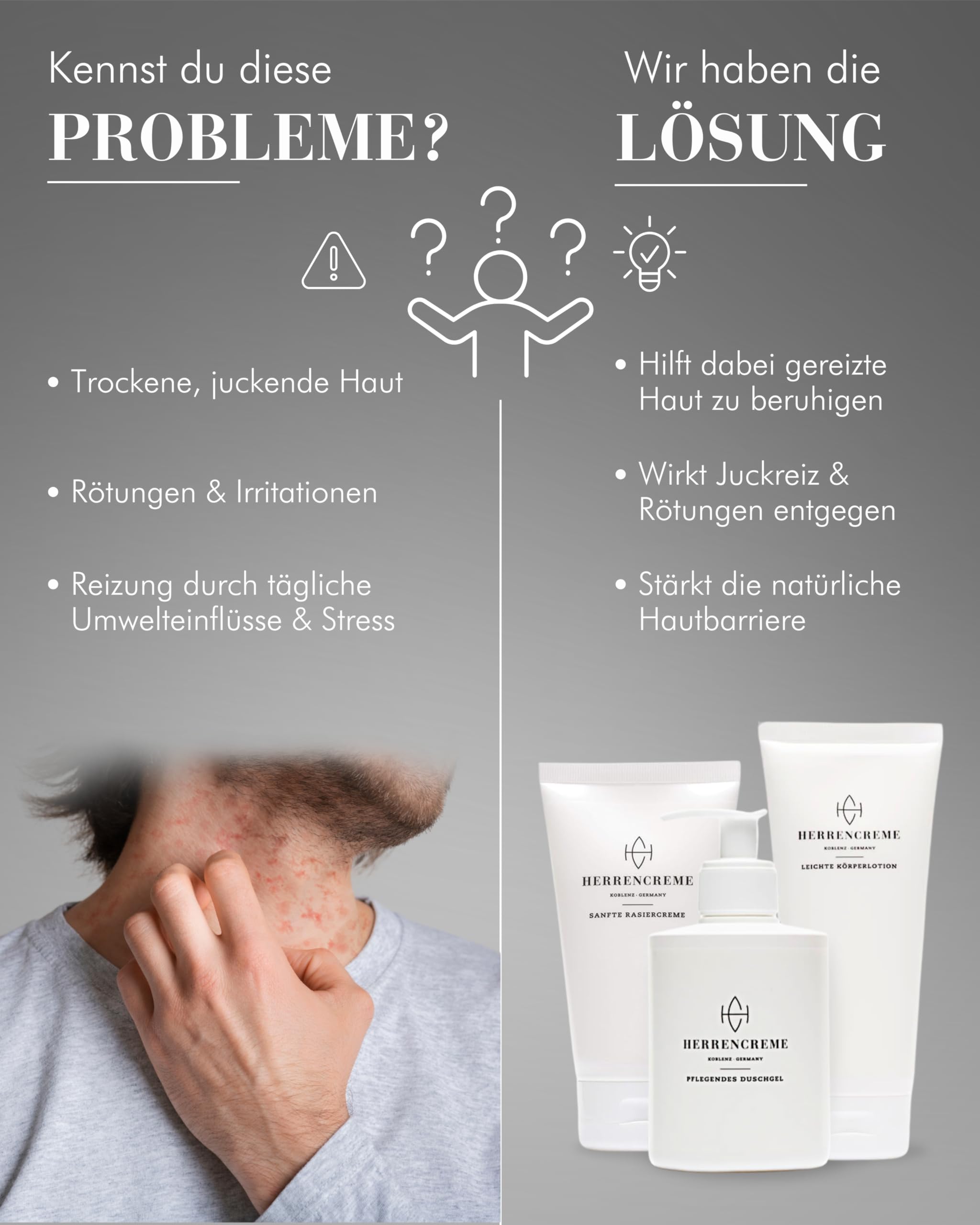 HERRENCREME Körperpflege-Set inkl. Duschgel, Körperlotion & Rasiercreme I Sanftes Waschgel für Gesicht & Körper I Feuchtigkeitsspendende Body-Lotion I Shaving-Cream für Gesicht- & Intimbereich