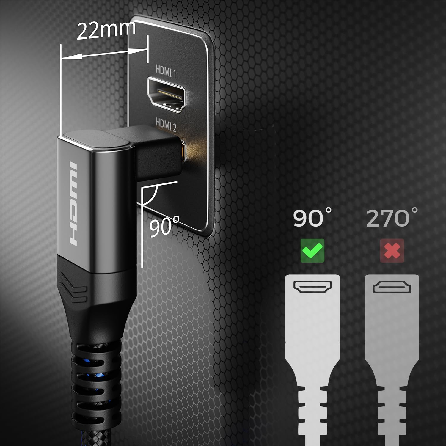 deleyCON HDMI 2.1 Cable 8K 1.5m Angled (90° Angle) for TV, Monitor, PS4, PS5, Soundbar Dolby Atmos and EARC, HDR10+ - Ultra High Speed Cable 48Gbps - 10K/8K@60Hz, 4K@120Hz/144Hz, 2K@240Hz - 3