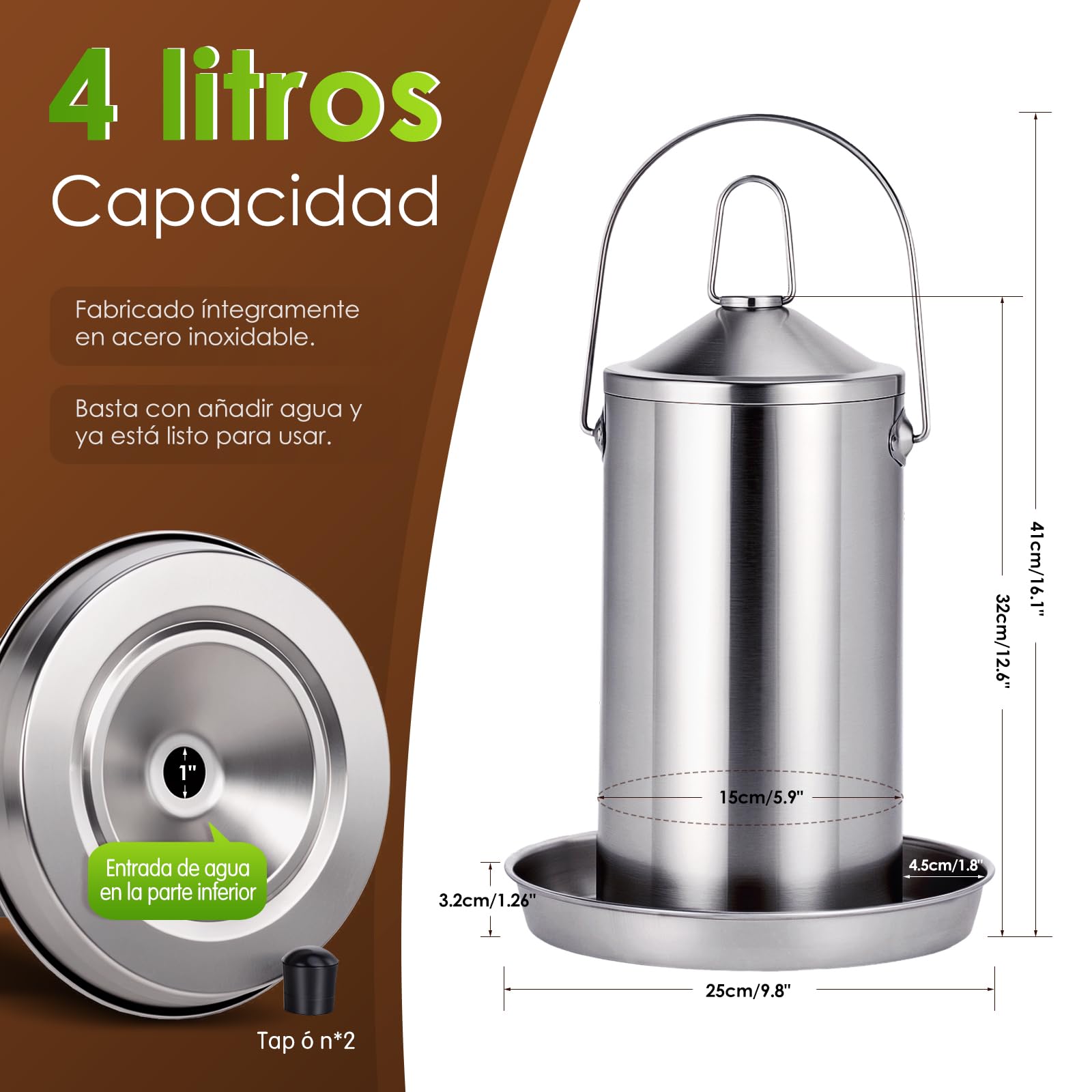 Bebedero para Pollos de Acero Inoxidable 4 litros, dispensador de Agua para Aves con Recarga automática por Gravedad, Fuente de Agua para Colgar o Colocar en el Suelo, Ideal para Patos, Palomas