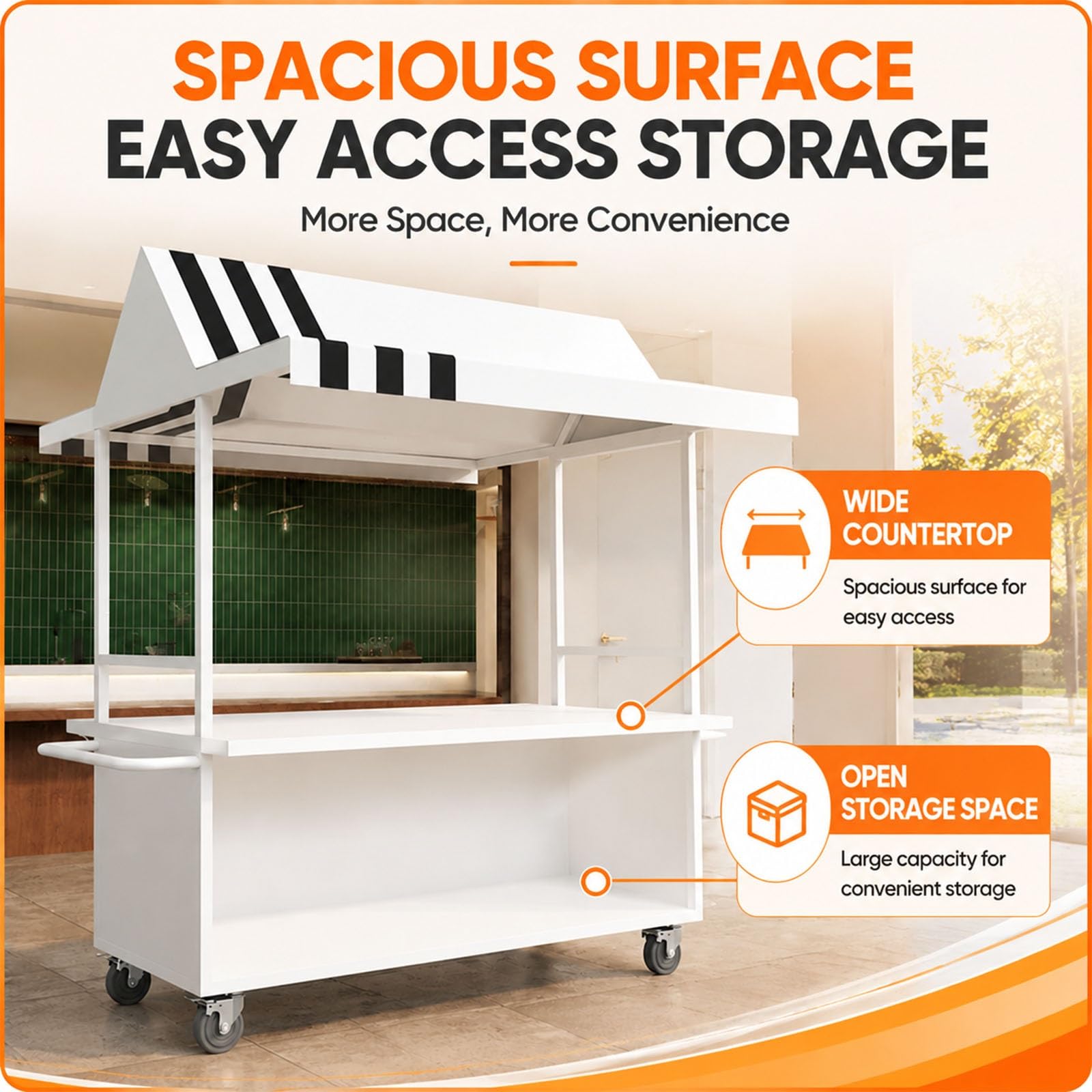 Carrello Servizio da Esterno con Tettoia, Stazione Mobile per Feste con Ripiani e Ruote, Carrello Portatile per Esposizione di Bevande e Cibo per Giardino, Matrimoni ed Eventi(White,140cm/55in)