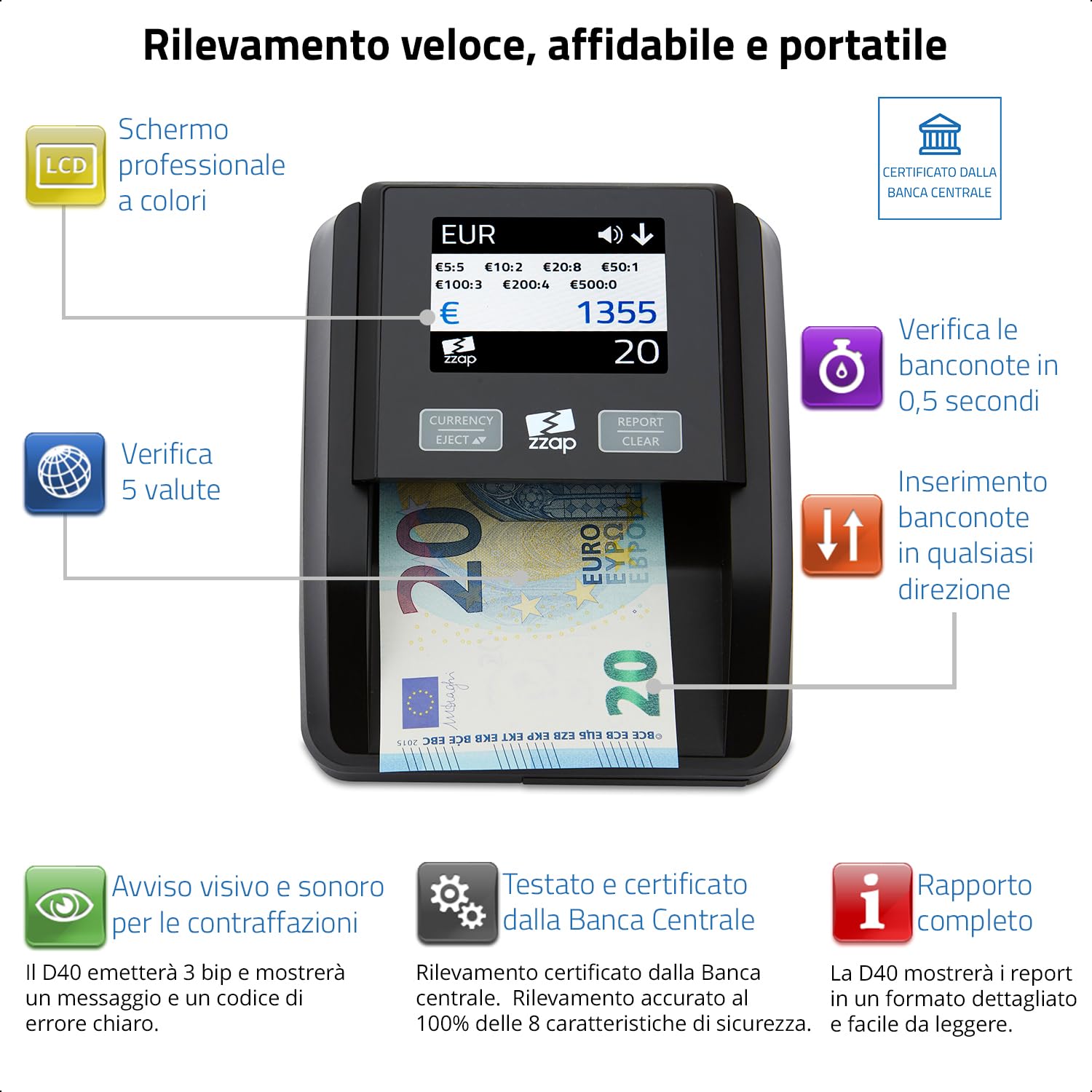 ZZap D40 Rilevatore di banconote false – preciso al 100%, Schermo a colori, 5 valute - Macchina per il controllo del denaro