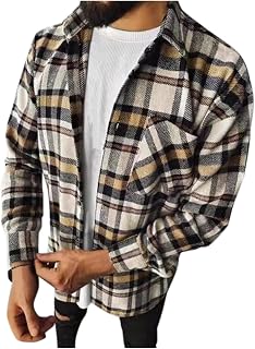 Long Sleeve T Shirt Mens Men's Autumn and Winter Casual Color Plaid Single-Breasted Warm Thick Long-Sleeved Shirt Jacket Turtle Neck Top