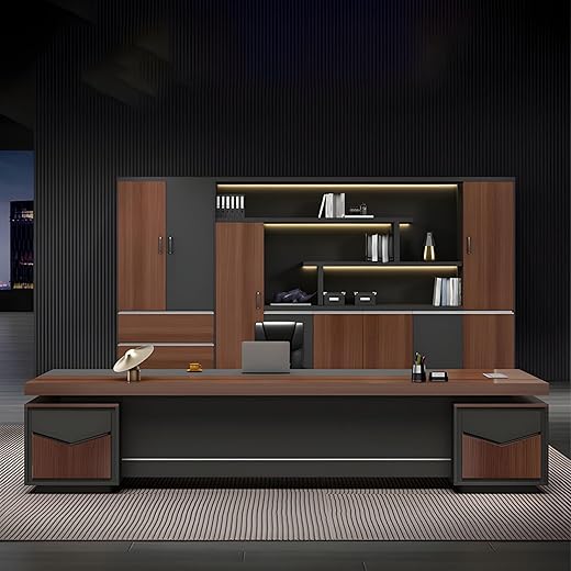 Lakdi Director &amp; Executive L-Shape Luxury Modern CEO Office Table Desks with Particle Board and Wire Manger, 3 Drawer and 