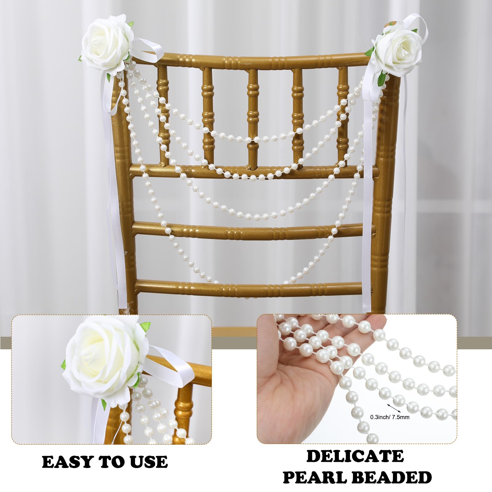 Wonderjune 16 Stück Perlenperlen Hochzeit Stuhl Girlande Dekoration Künstliche Rose mit Kunstperlen Perlenschnur Brautdusche Stuhl Schärpe Kokette Rückdekoration für Hochzeitszeremonie Party Bankett