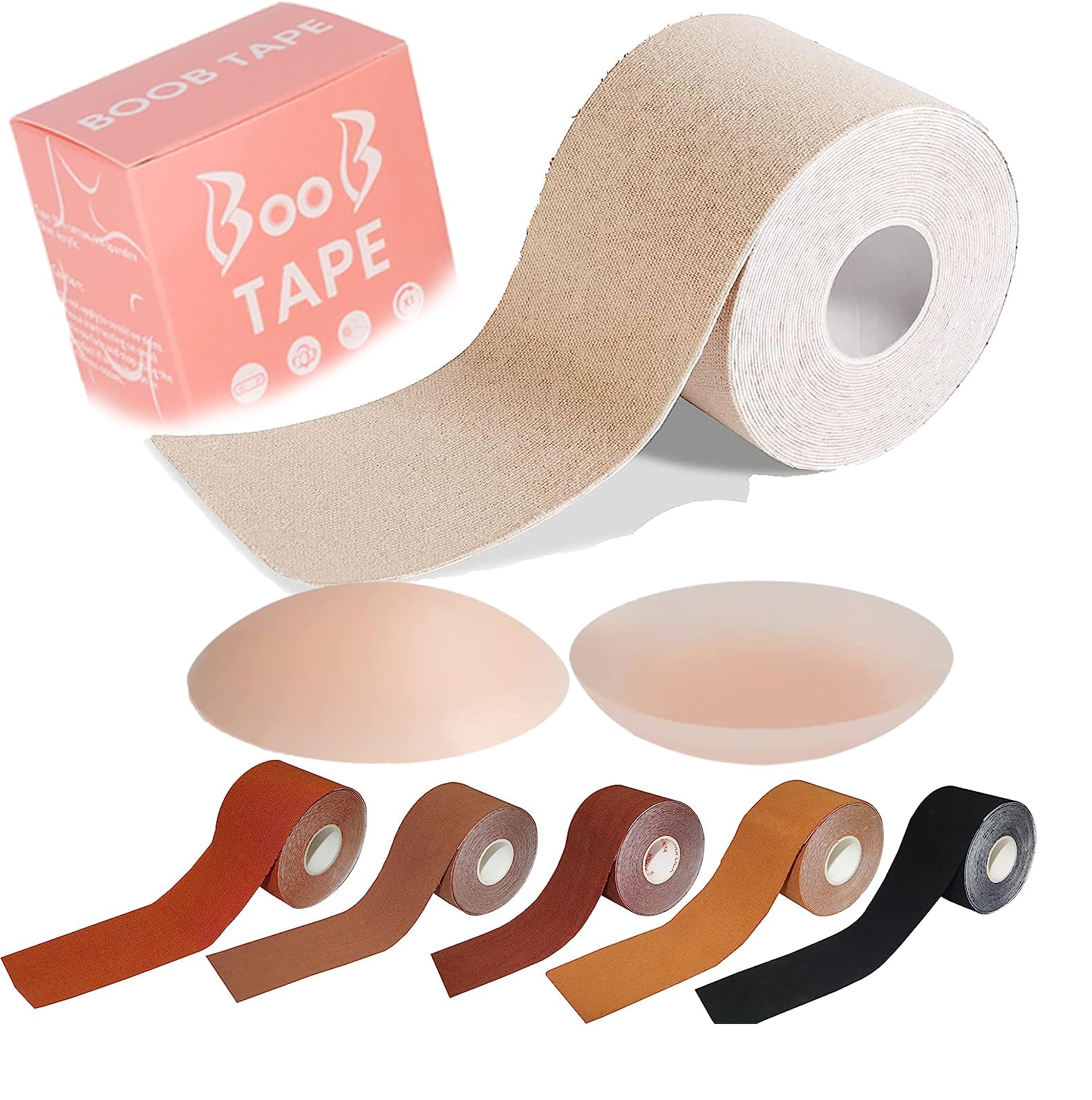 Qilly Boob Tape, Bob Tape for Large Breasts, Self-Adhesive Waterproof Strapless Boobtapes with 2 Pcs Nipple Covers, Stretchable Longer Than Regular Roll, Perfect to Stick on Bra (Beige, 5 m)