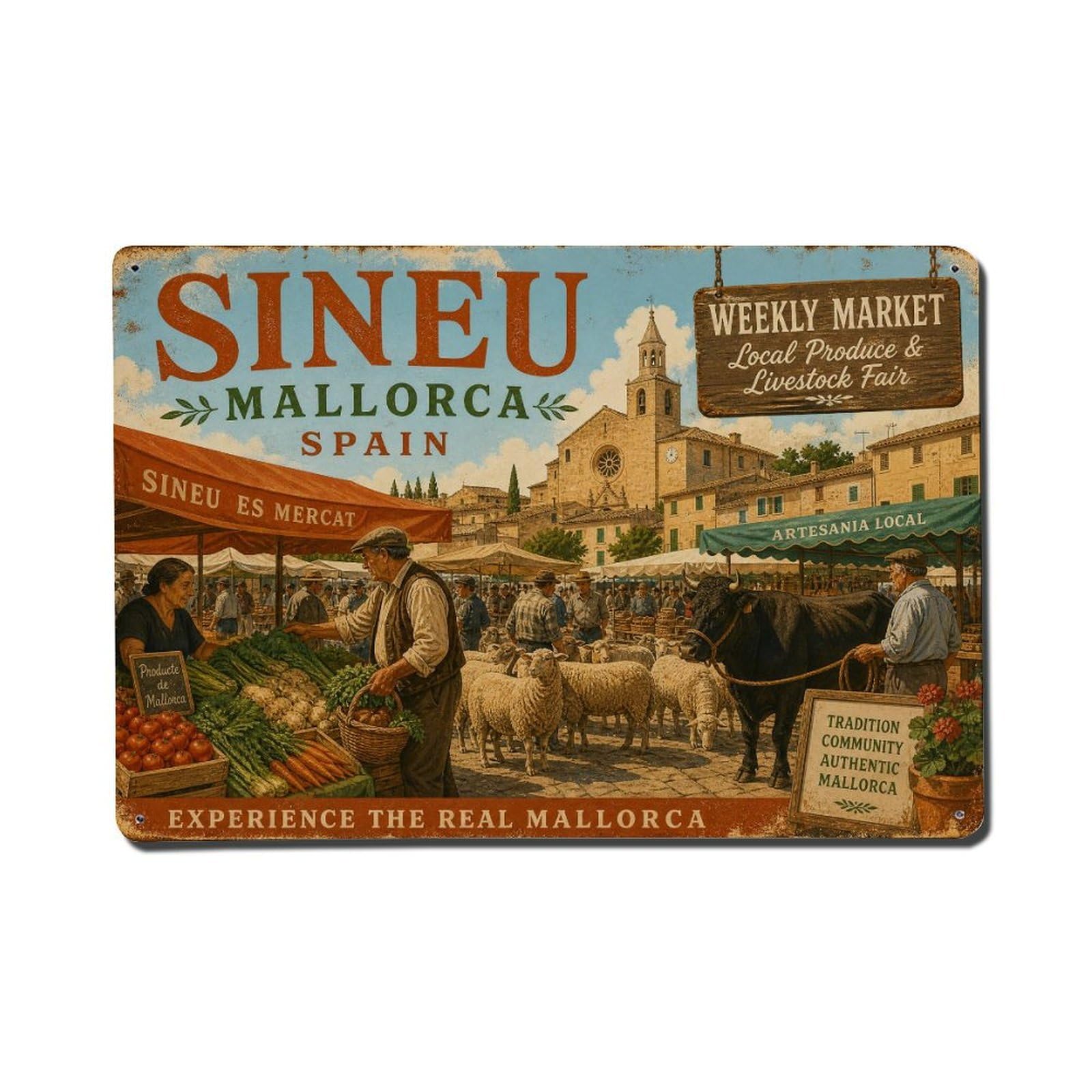 Vintage Travel Sineu Market Mallorca Traditional Fair Metal Tin Sign