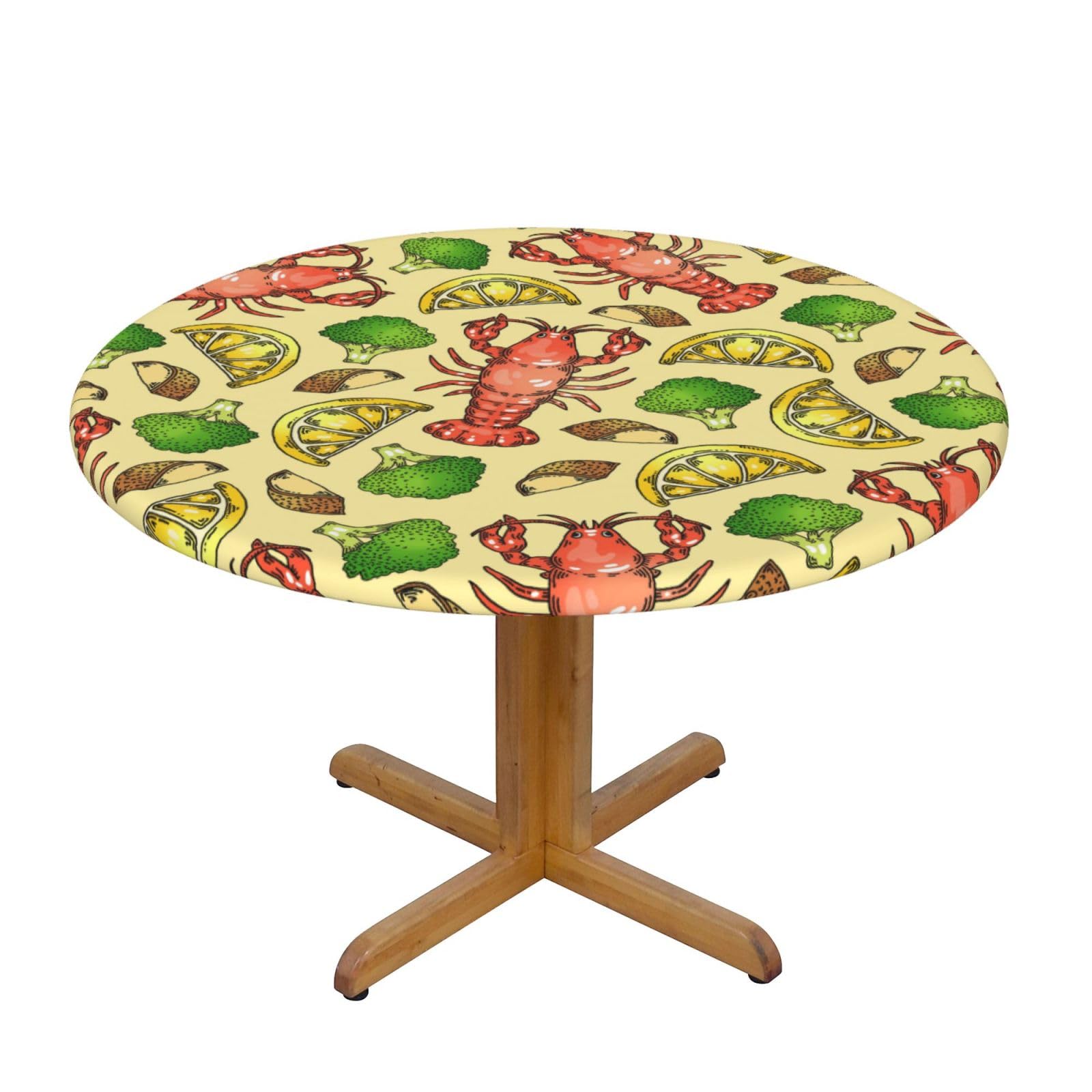ESNAIUVCD Lobster and Lemon print Waterproof Round Tablecloth,Outdoor Table Cloth with Elastic Edged, Elastic Tablecloth Wipeable, Garden Table Cloth Suitable for sizes 90cm-140cm