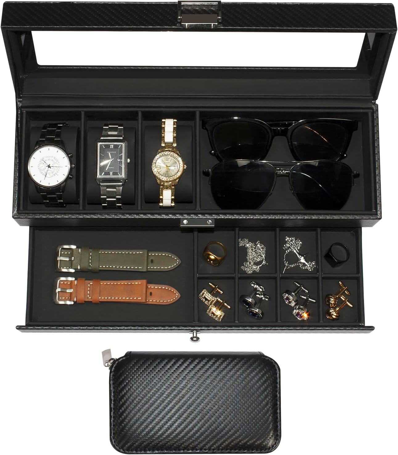 Watch Box and Watch Storage Bag Set,3 Compartment Watch Display Box with Drawers and a Portable Watch Case, Men's Watch Box with Glass Lid, 2 Tier Jewelry and Watch Organizer