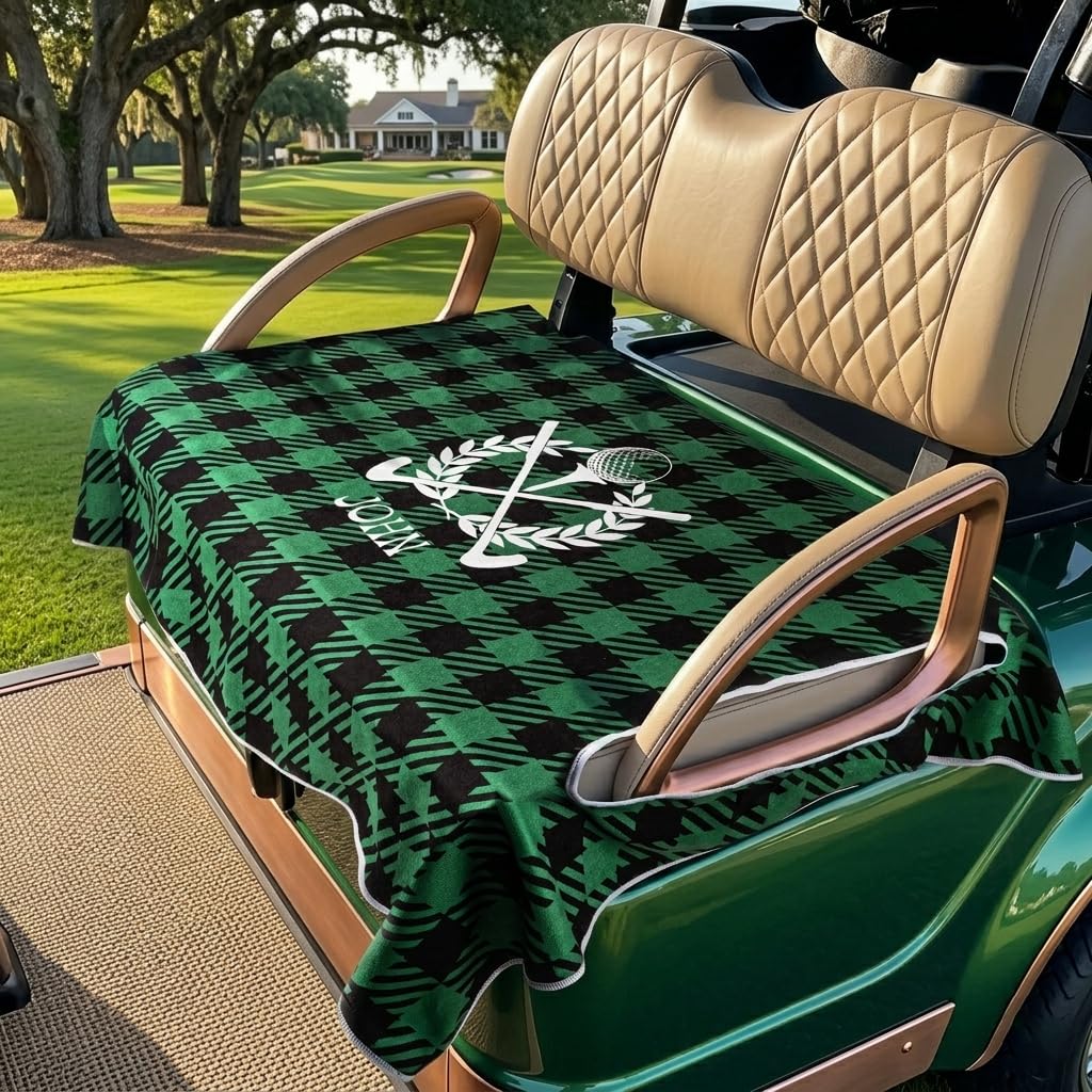 Coprisedile personalizzato per carrello da golf, con nome personalizzato, asciugamano per carrello da golf, coperta | 8 colori plaid e 9 motivi | 130 x 80 cm poliestere | regalo per uomini