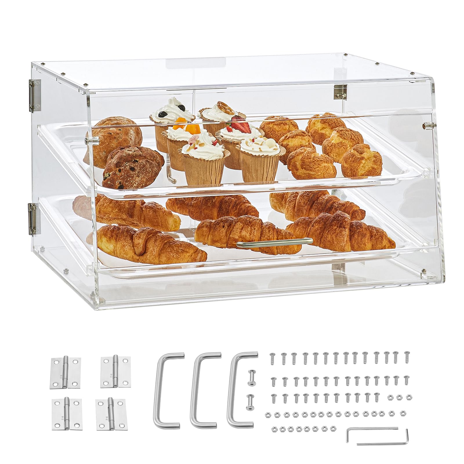 Happybuy 2-Tier Pastry Display Case, Commercial Acrylic Countertop Showcase, Removable Shelves & Rear Door Access for Donuts, Bagels, Cakes, Cookies, 20.7