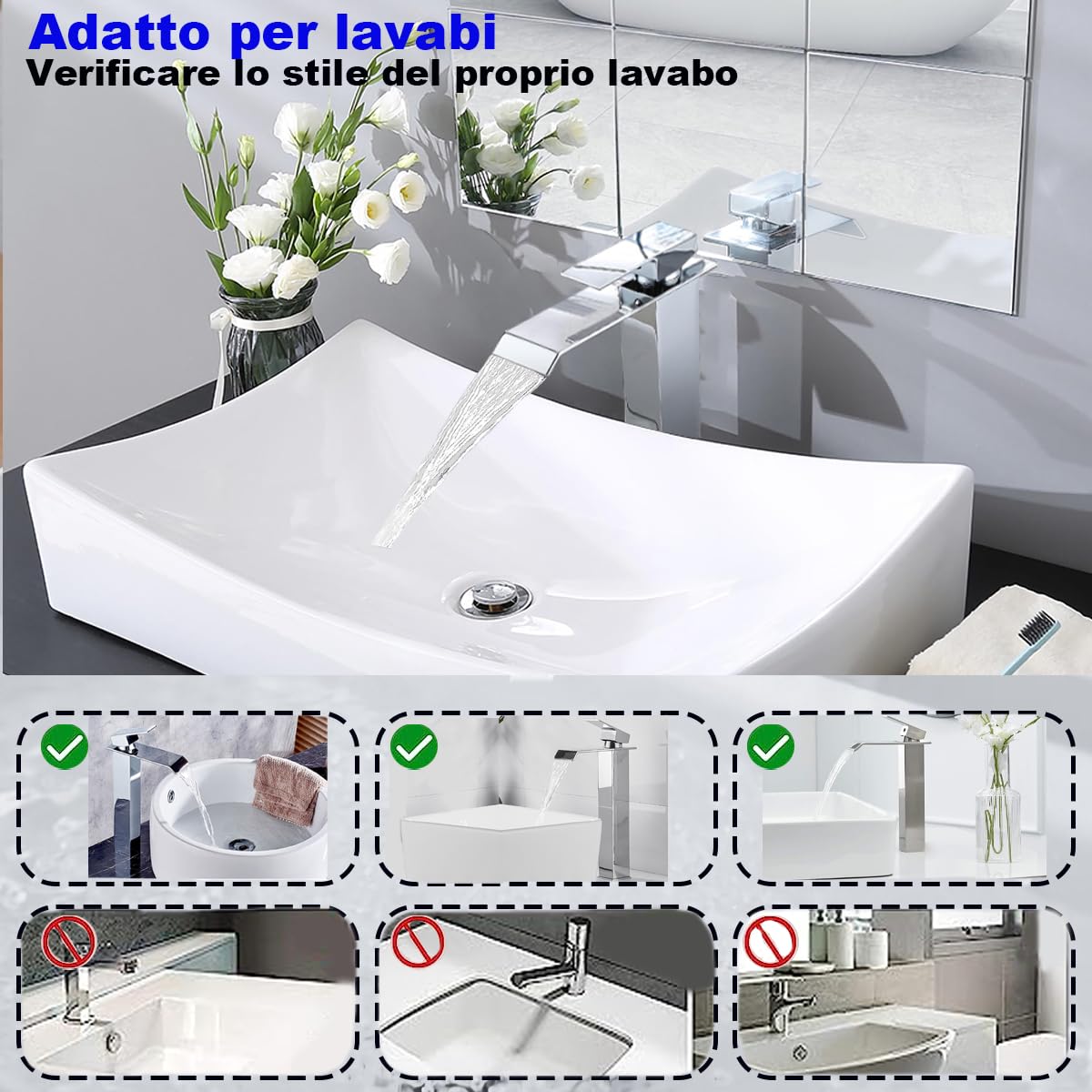 XWIHTR Rubinetto a cascata per bagno, rubinetto per lavabo a una maniglia, risparmio idrico, rubinetto per lavabo, bocca calda e fredda, rubinetto per bagno in acciaio inox e ottone(cromo-h)