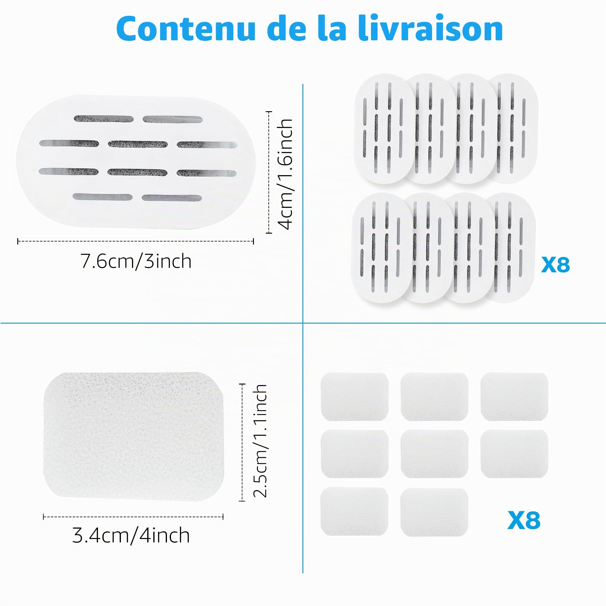 Lot de 16 filtres de Fontaine à Eau pour Chat, filtres de Rechange pour Fontaine à Eau DOOOB en Acier Inoxydable, filtres de Fontaine à Eau pour Animaux domestiques (8 filtres et 8 éponges)