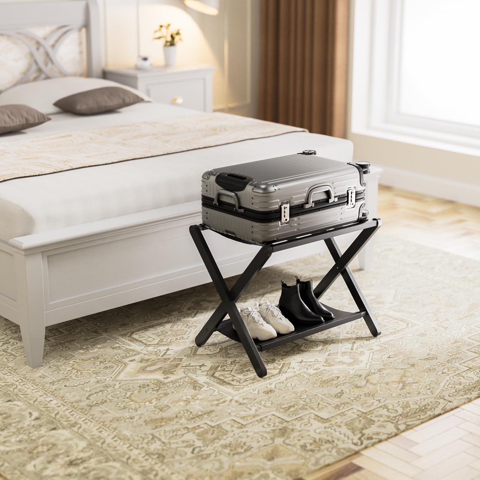 HITNET Kofferständer Klappbar 2er set, Bambus-Gepäckträger für Gästezimmer, Kofferablage mit Stoffablage, Kofferhocker für Hotel und Schlafzimmer bis 60kg, Schwarz