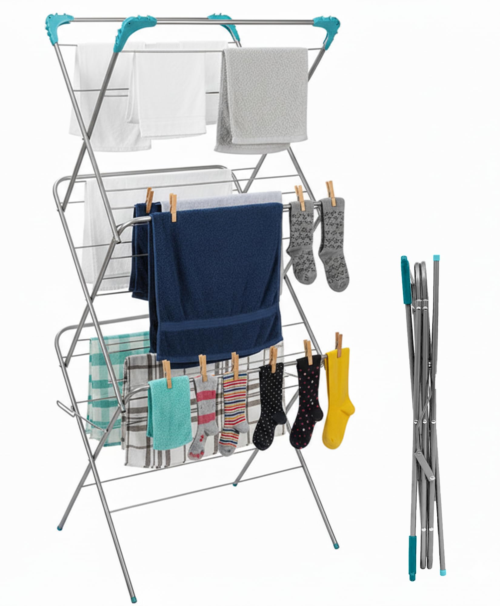 Meown 3 Tier Clothes Airer Indoor Outdoor Drying Rack with 20 Pegs, 12m Space-Saving Foldable Clothes Horse, Non-Slip Feet, Flat-Folding Laundry Dryer for Small Homes