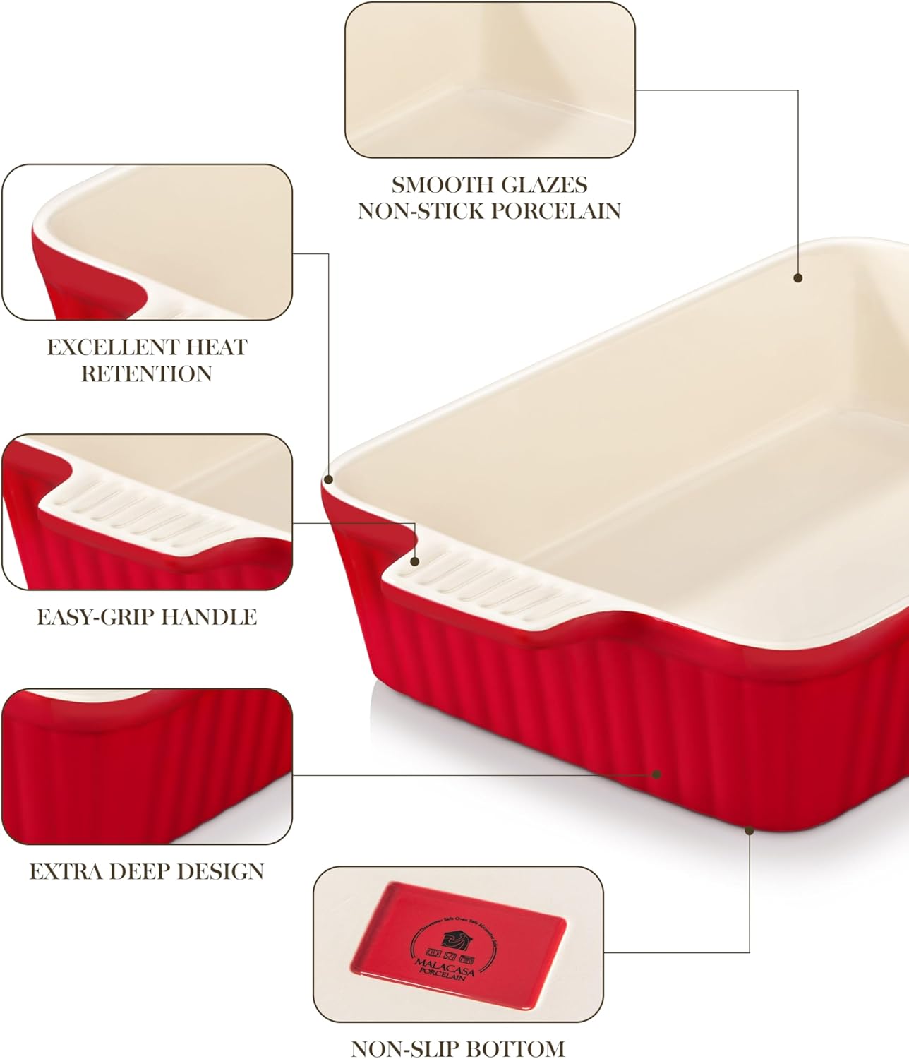 MALACASA 4.4 QT Baking Dish, 9x13 Large Casserole Dish for Oven, Ceramic Baking Pan, Rectangular Lasagna Pan Deep with Handles for Baking, Durable Microwave Oven Safe, Red, Series BAKE-BAKE - Image 5