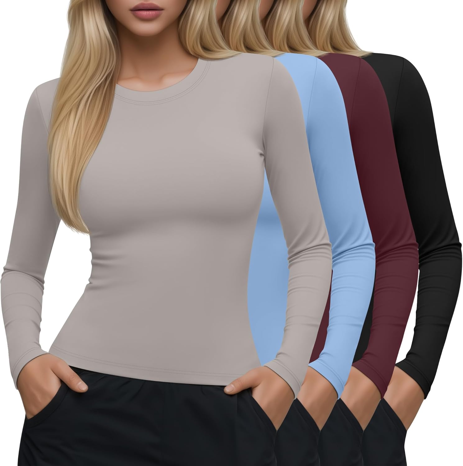 Neer 4 Pcs Womens Long Sleeve Yoga Shirts Crew Neck Compression Tight Workout Shirts Lightweight Stretchy Breathable Tees