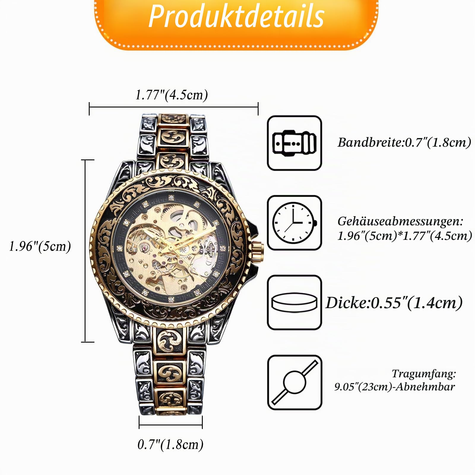 JewelryWe Herrenuhr Vintage Skelett Automatikuhr 36 Stunden Gangreserve Automatisch Mechanische Armbanduhr Herren Edelstahl Automatik Uhr mit Leuchtzeiger, Diamantskala & Drehbare Lünette