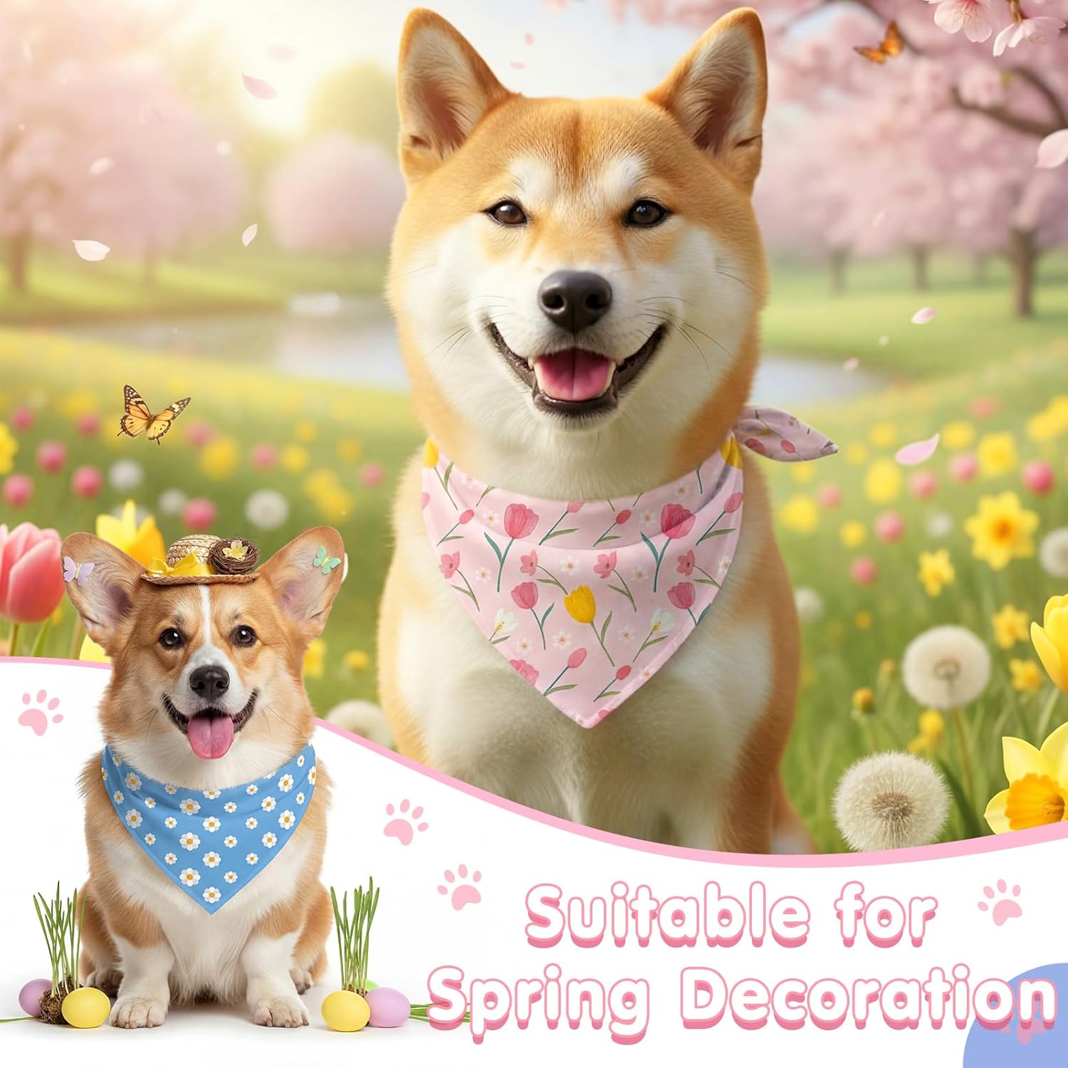 Weewooday 50 Pcs Spring Dog Bandanas Bulk with Daisy, Flower, Floral Soft Bibs Adjustable Triangle Pet Scarf Bowtie for Small Medium Large Costume Grooming(Spring, 25.6 x 17.7 x 17.7 Inch)