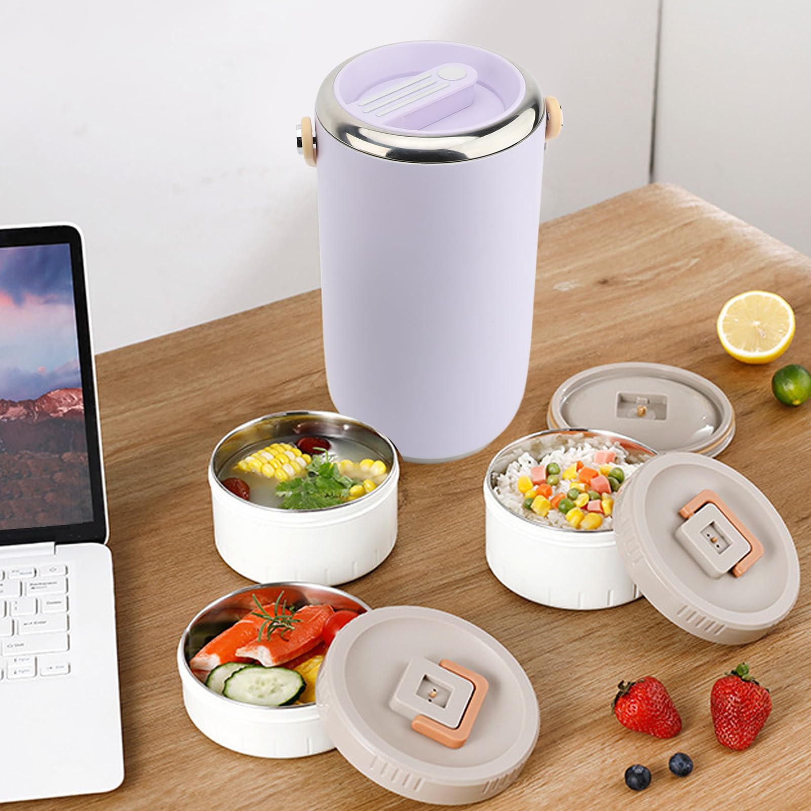 Vakuumisolierter Lebensmittelbehälter aus Edelstahl, 2,6 l, auslaufsicher, stapelbare Lunchbox mit Griff für Büro, Camping, mikrowellengeeignet, 3-stöckiger Behälter (Lila)
