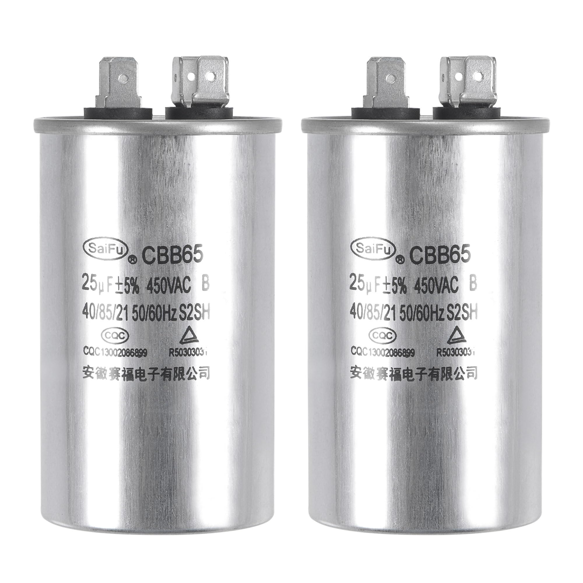 sourcing map Condensador de Funcionamiento Redondo CBB65 25uF 25mfd 450V AC, 40/85/21 Caja de Aluminio con Terminal para Motor Compresor de Aire Acondicionado Bomba Calor Condensador, 2uds