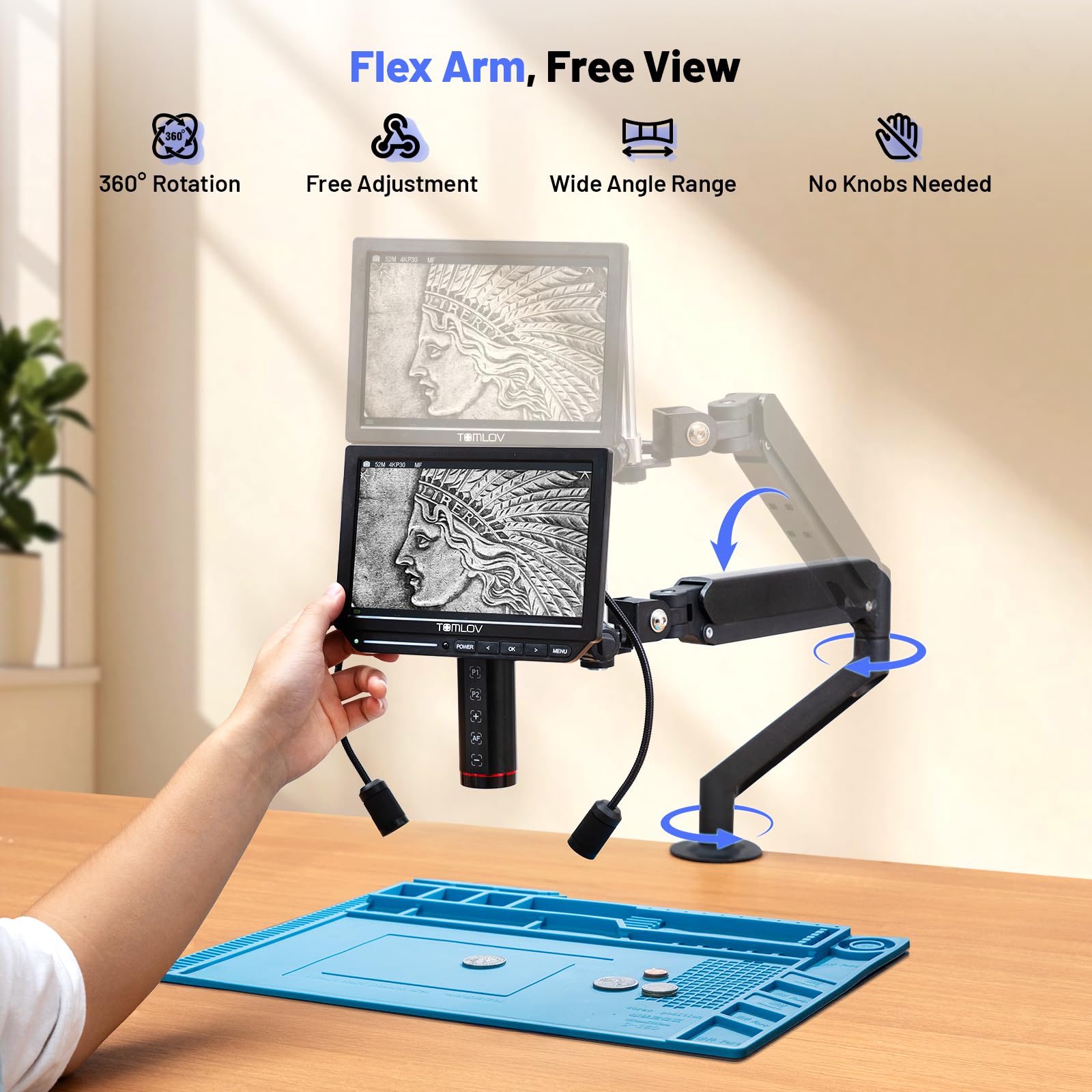 TOMLOV Microscopio Digital 4K con Enfoque automático TM4K-AF de 8" con Brazo Flexible HDMI, Luces Laterales, Pantalla LCD 52MP, Incluye Alfombrilla de reparación y Tarjeta 64GB.