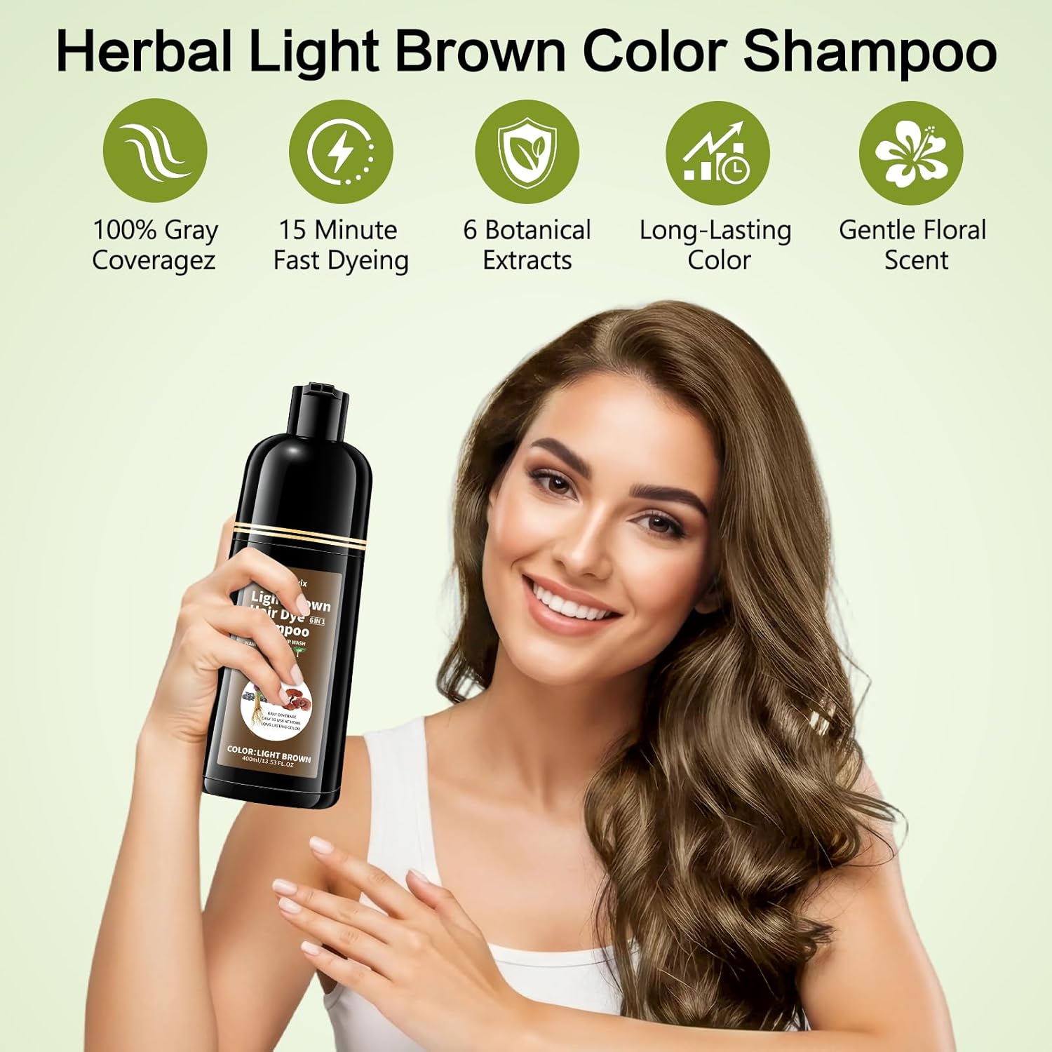 Light Brown Hair Dye Shampoo for 100% Gray Coverage, Natural Herbal 3 IN 1 Formula Hair Color Shampoo, Semi-Permanent Color for Women & Men, Nourishes with Botanicals, Ammonia & Paraben Free