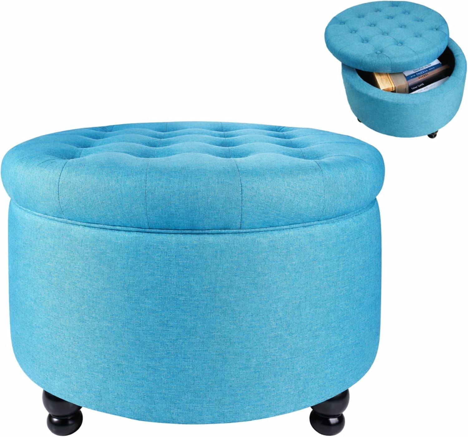 Elevon Large Button Tufted Accent Round Storage Ottoman Upholstered Ottoman with Storage for Living Room & Bedroom, 24.4" x 24.4" x 16.9", Navy Blue