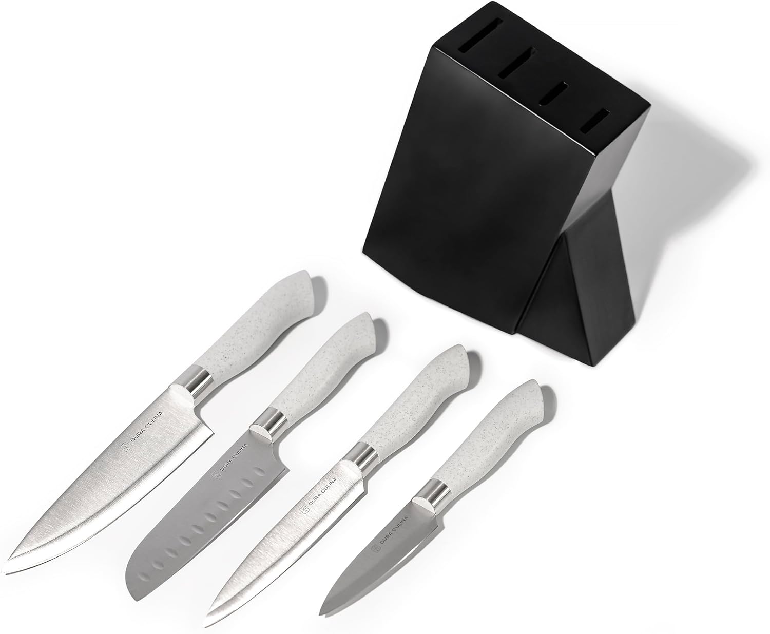 DURA LIVING Eco-Cut Kitchen Knife Block Set 5-Piece Knife Set - High Carbon Stainless Steel Blades with Ergonomic Eco-Friendly Handles - Includes Chef, Santoku, Utility, Paring Knife & Storage Block