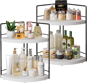 2-Tier Bathroom Corner Organizer Shelf, Wood & Metal Countertop Storage Rack, 2-Pack