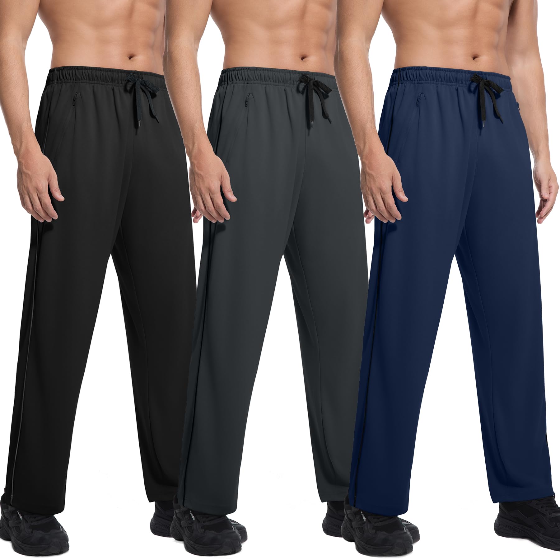 SACUIMAN 3 Pack Mens Athletic Sweatpants with Zipper Pockets Workout Gym Running Jogging Training Pants for Men