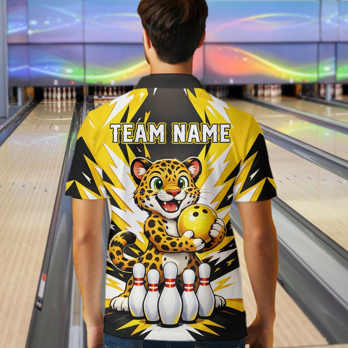 Funny Leopard Bowling Shirts for Team Men Women Leopard Bowling Jersey Yellow Bowling Polo and Bowling Zip Shirt