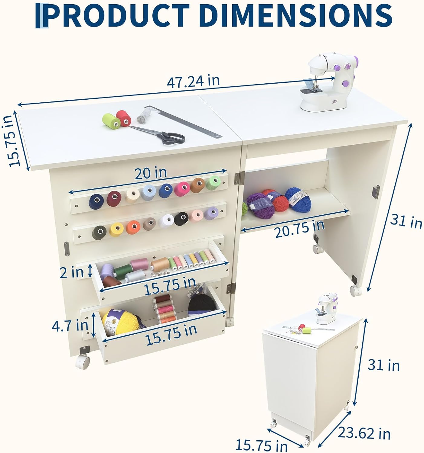 Garvee Folding Sewing Table, Sewing Machine Table with Compact Design, Multipurpose Craft Station & Side Desk with Lockable Wheels, Storage Shelves, Storage Trays, Pegs, Magnetic Locks