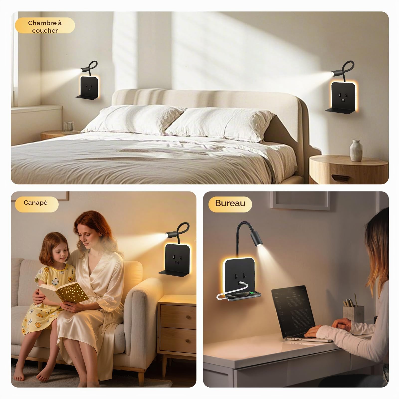 Applique Murale Intérieure LED, Liseuse de chevet LED avec Interrupteur Port USB, Plateau, 360°Réglable Applique Murale Lampe de Lecture de Chevet, Cou Flexible Lampe de Lecture, Lumières Murale(B)