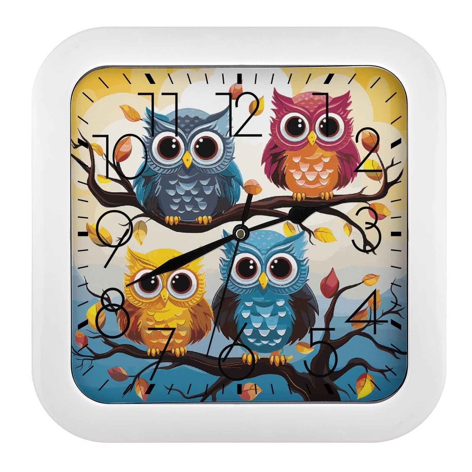 MUSM 10.2 X 10.2 Inch Modern Owls on Tree Branches Wall Clock Battery Operated High Accuracy Decorative Square Clocks for Kitchen Bedroom Living Room Home Office Porch