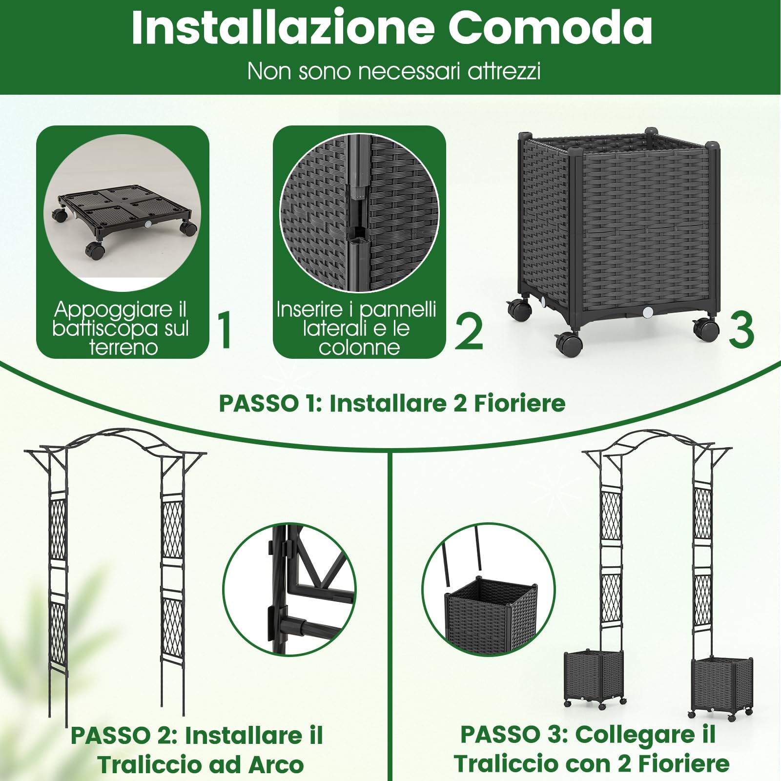 COSTWAY Arco da Giardino con 2 Fioriere Auto-irriganti e Ruote, Supporto per Piante in Metallo Rivestita PE Antiruggine, Grande Arco per Viti e Rose da Matrimonio all'Aperto (Grigio)