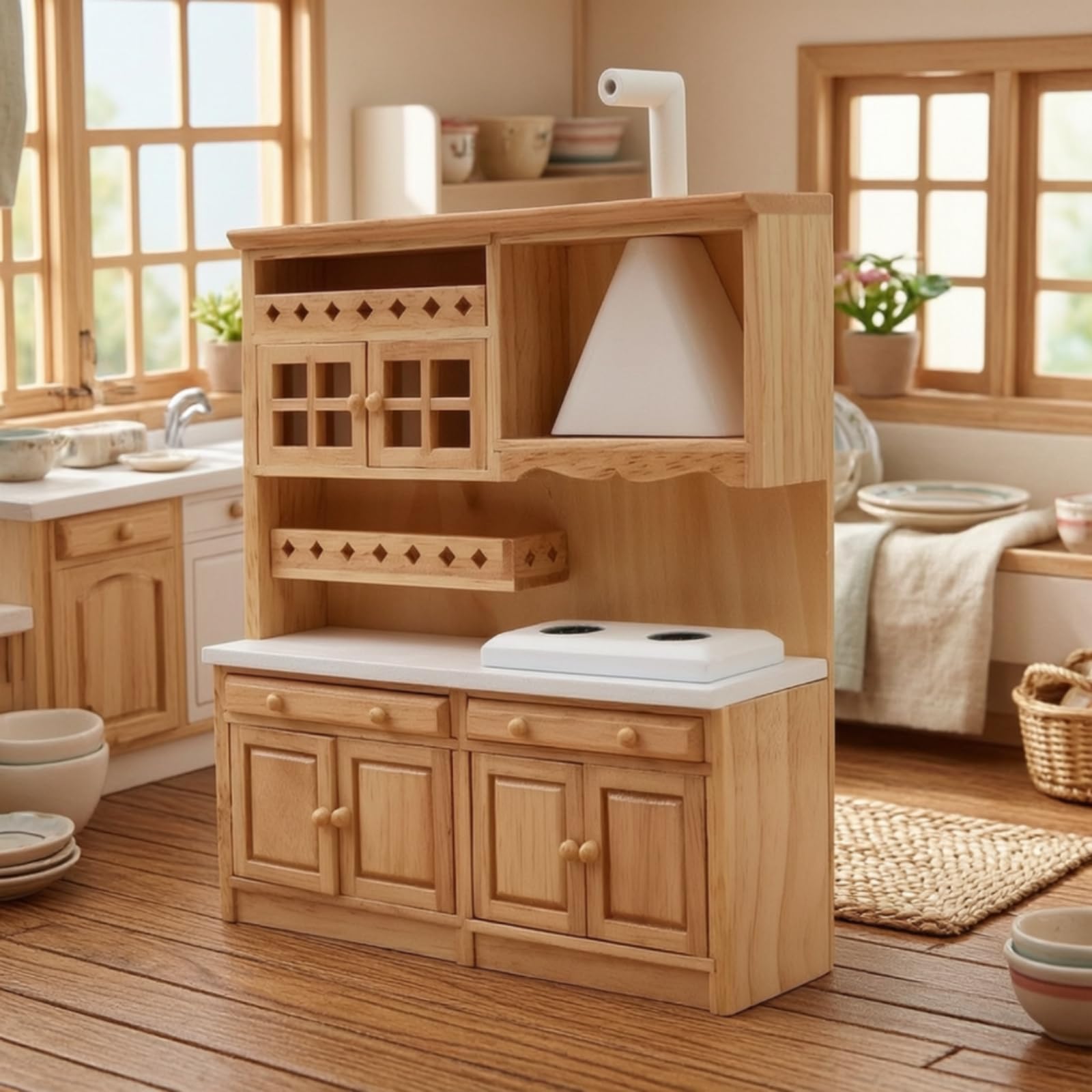 harayaa Set Cucina Miniatura con Lavello Armadietto Bambola Delle Bambole Unità Cucina Angolare in Legno di Gomma con Dettagli