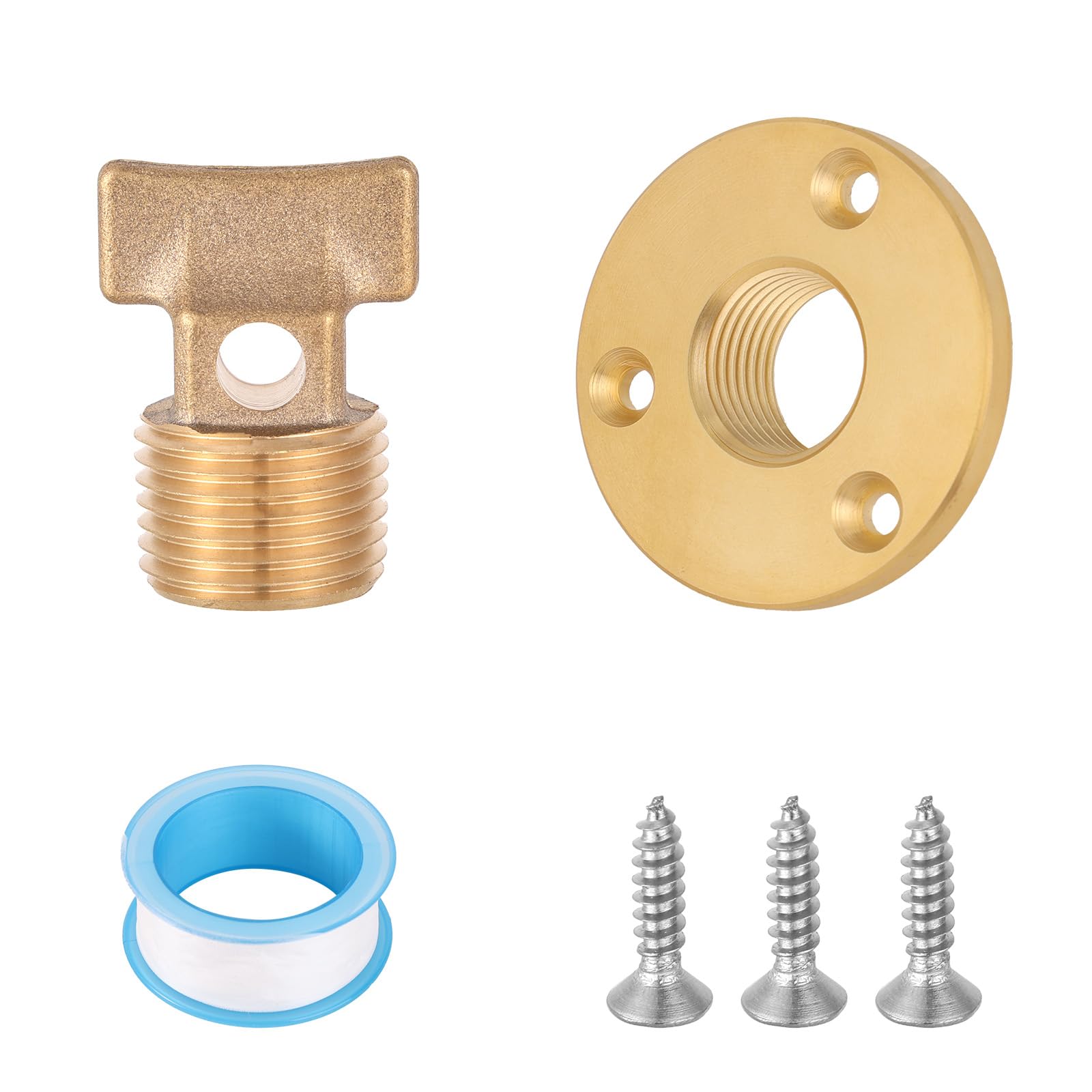 Penitue Boat Bung Plug Kit, 1/2" NPT Male Brass Boat Drain Plug with Handle Anti-Corrosion Watertight Fitting with Flange PTFE Tape & Screws for Yachts Kayaks Fishing Boats