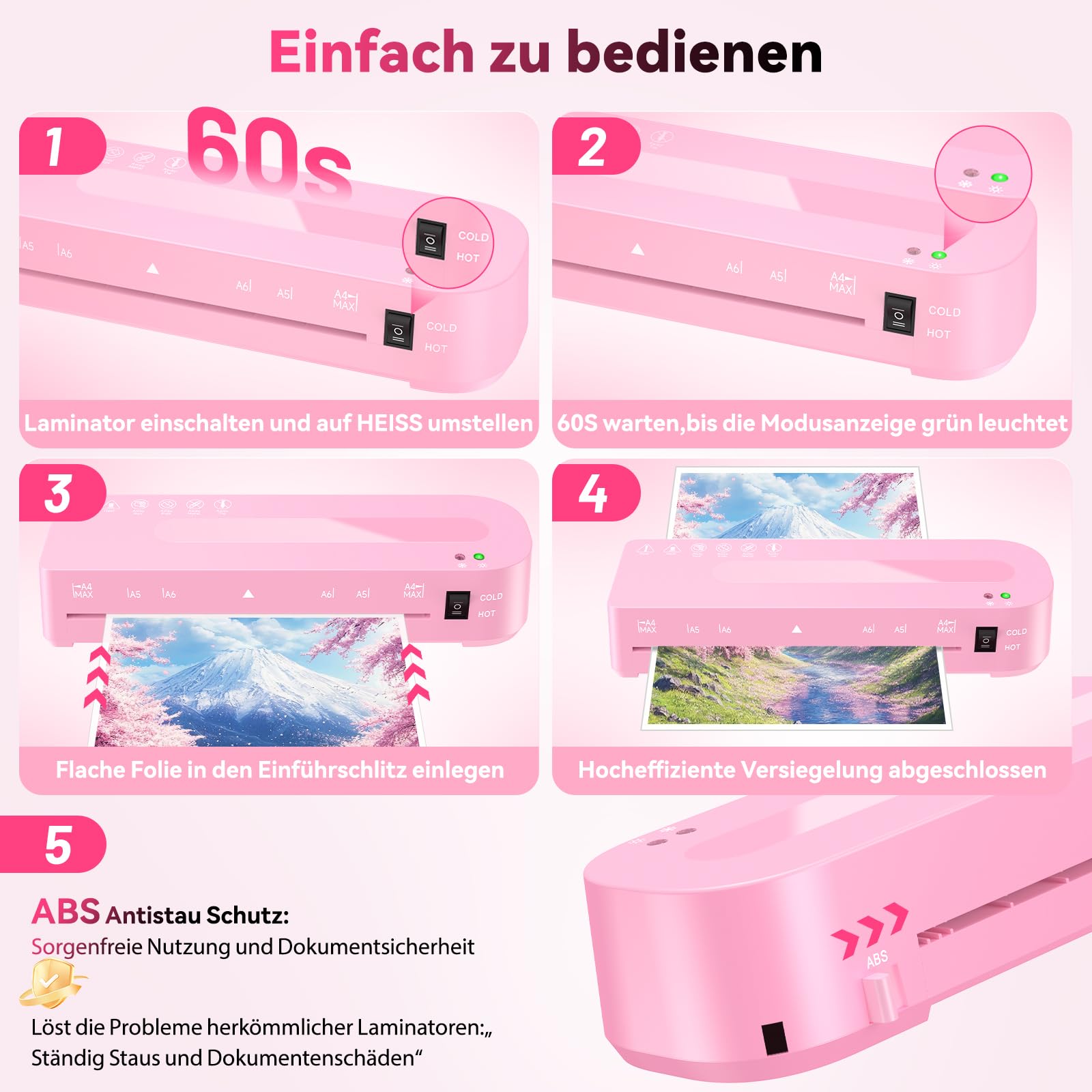Laminiergerät A4 Laminiermaschine - 5 in 1 Laminiergerat mit 30 Laminierfolien für A4/A5/A6, 60S Schnellvorheizung, Heiß und Kalt Laminator mit Papierschneider, Eckrunde für Büro, Zuhause, Schule