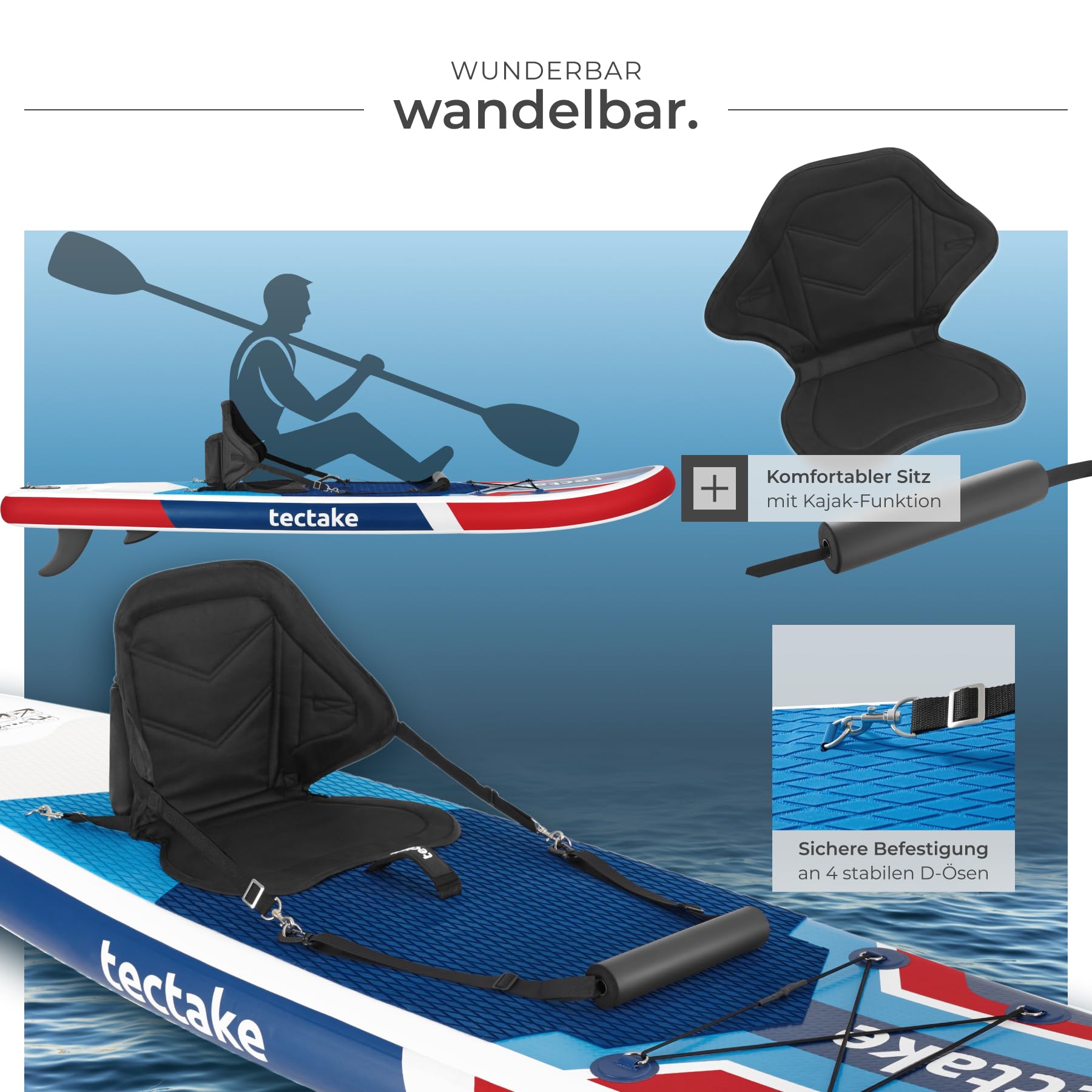 tectake® 2in1 Stand Up Paddle Board, mit Sitz als Kajak nutzbar, SUP aufblasbar, mit Pumpe, 3 Finnen, Rucksack, Doppelpaddel, Paddel, komplettes Zubehör, bis 200 kg belastbar - rot/blau