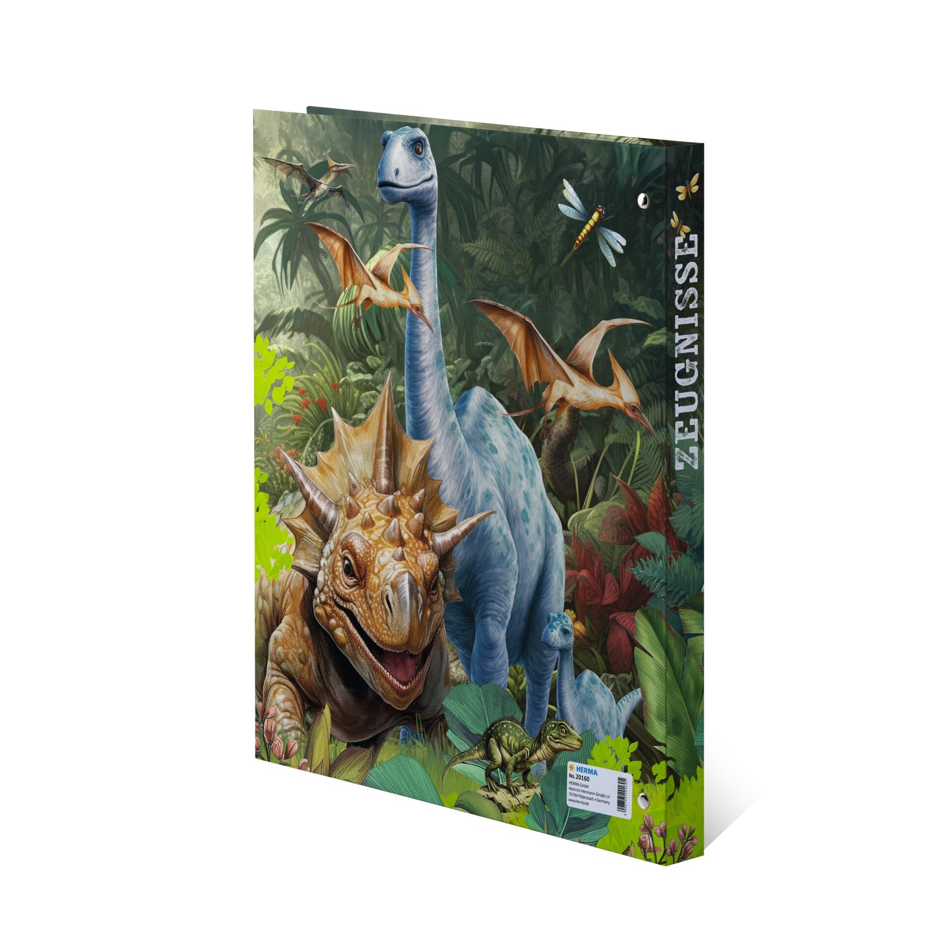 HERMA Carpeta de certificados A4 con diseño de dinosaurios, 18 unidades, con 10 fundas transparentes para 20 certificados, certificados y documentos, con impresión interior, mecanismo de 4 anillas y