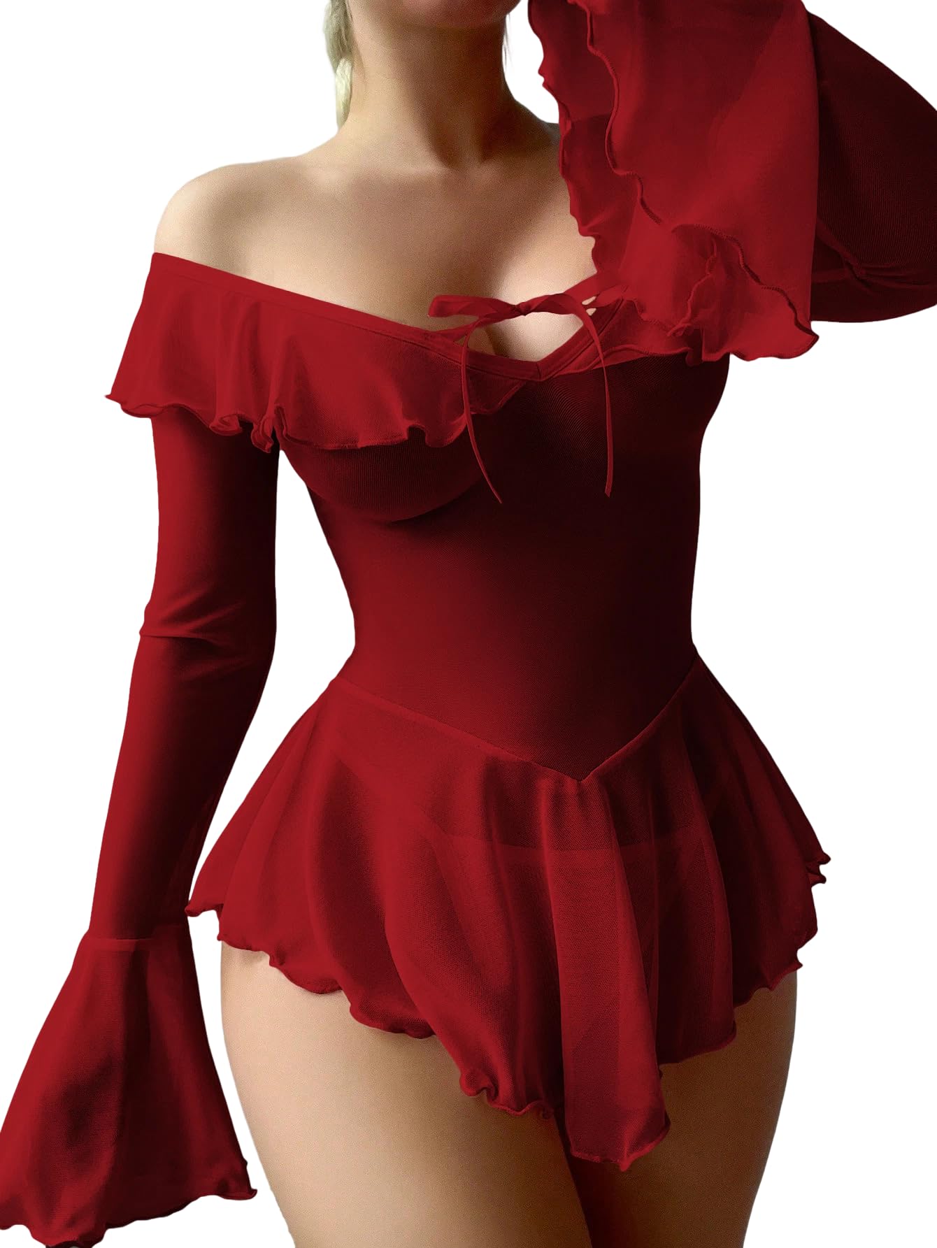 Neohouny Sexy Lingerie for Women Rave Outfits Clubwear See Through Lingerie Sets Bell Sleeve Ruffle Mesh Tops