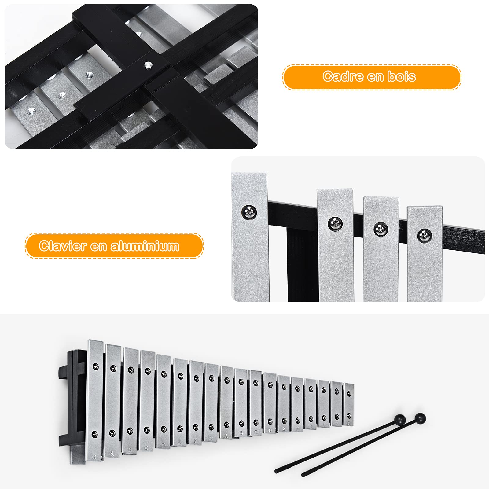 GOPLUS Glockenspiel de 30 Notes Pliable, Xylophone en Aluminium et Bois, Percussion Piano à 30 Tons, Instrument Musical Educatif et Professionnel pour Enfant, Portable avec Sac, Argenté