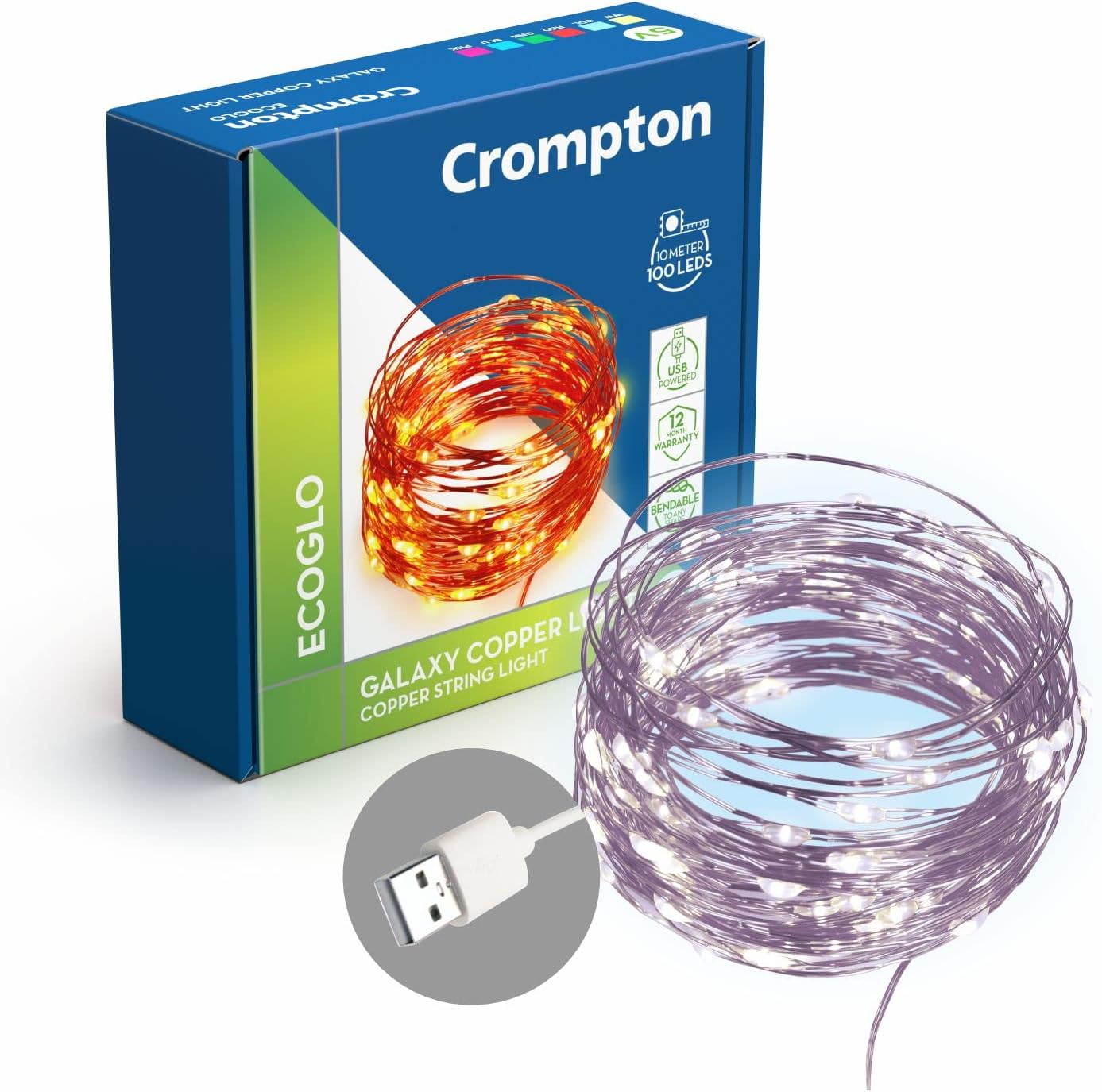 Crompton Galaxy Decoration Copper USB Powered String Fairy Lights with 100 Led Light (10 Meters/32 Feet, Cool Day Light, Pack of 1)