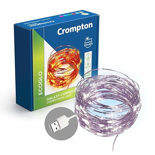 Crompton Galaxy Decoration Copper USB Powered String Fairy Lights with 100 Led Light (10 Meters, Cool Day Light, Pack of 1) at Rs. 179