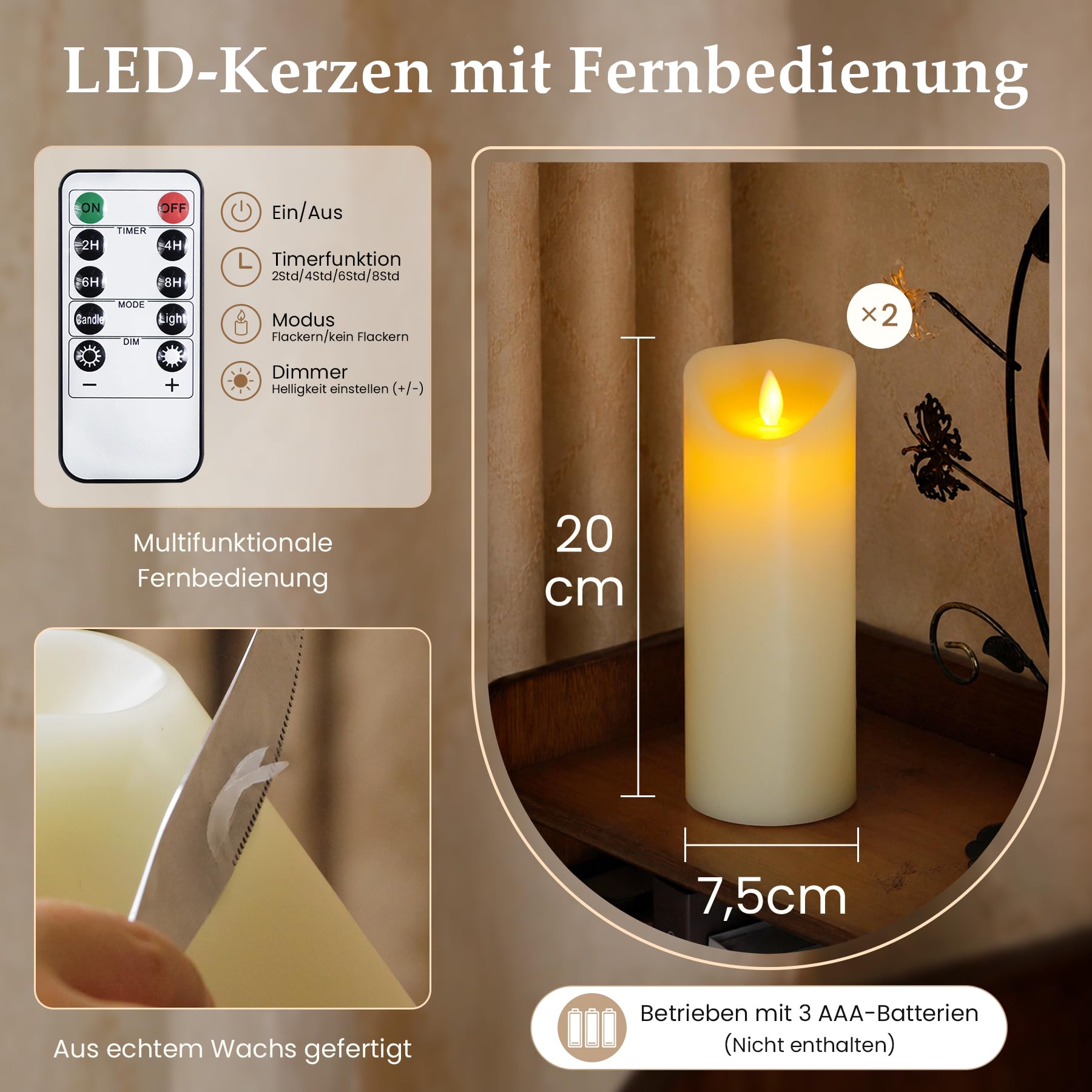 20cm x 7,5cm Candele LED senza fiamma con telecomando e temporizzazione, Alimentate a batteria Cera vera Lunga durata Stoppino mobile Tremolante (Avorio, Confezione da 2)